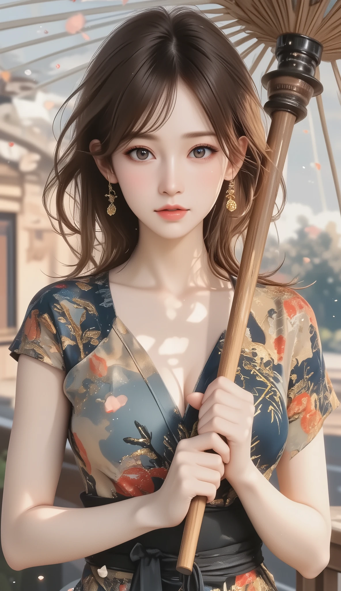 Woman holding a Japanese umbrella , Nishijin Textile Kimono , Japanese painting style , BEAUTIFUL ANIME STYLE PORTRAIT, Extra , detailed portraits of anime girls , Beautiful Anime Portrait , BEAUTIFUL ANIME WOMAN , digital animated illustration, Anime Style Portrait , Additional Art ,realistic, beautiful anime girl showing naked skin, ((large breasts:1.2), (huge breasts:1.2), (Uplifted and well-defined bust:1.2), (lifted chest:1.2), (perky breasts :1.2),(deep cleavage:1.4), anime-style digital art , animated illustration, ponytail, Navy Blue Kimono , Background is Sakura Fubuki