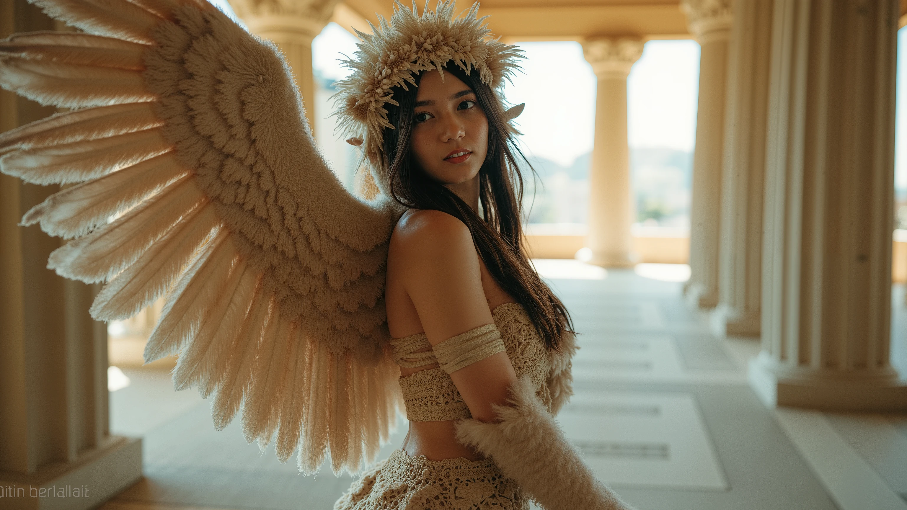 direct eye contact scenic professional photograph of RAW photo, photorealistic, [:intricate details:0.3],angle god, bird woman,a woman with angel wings and indian traditional clothes is posing for a picture, concept art, inspired by Karol Bak, hot toys, sydney sweeney, gif, cleavagewith brown hair, Ultra-realistic skin,cute smile with visible teeth,red lipstick detailed skin, (like a plus size:1.1), (beautiful round shape breasts:1.1), (big ass:1.1), ( white, red, blue, color saree with blouse), 1girl, graceful body structure, from front, looking at viewer, direct gaze, face is looking at the camera, anaphase, in outdoor jammu town city, natural color, perfect viewpoint, highly detailed, wide-angle lens, hyper realistic, with dramatic sky, polarizing filter, natural lighting, vivid colors, everything in sharp focus, HDR, UHD, K Photorealistic, Hyperrealistic, Hyperdetailed, analog style, Ultra-realistic skin, detailed skin, matte skin, soft lighting, subsurface scattering, realistic, heavy shadow, masterpiece, best quality, ultra realistic, 8k, golden ratio, Intricate, High Detail, film photography, soft focus