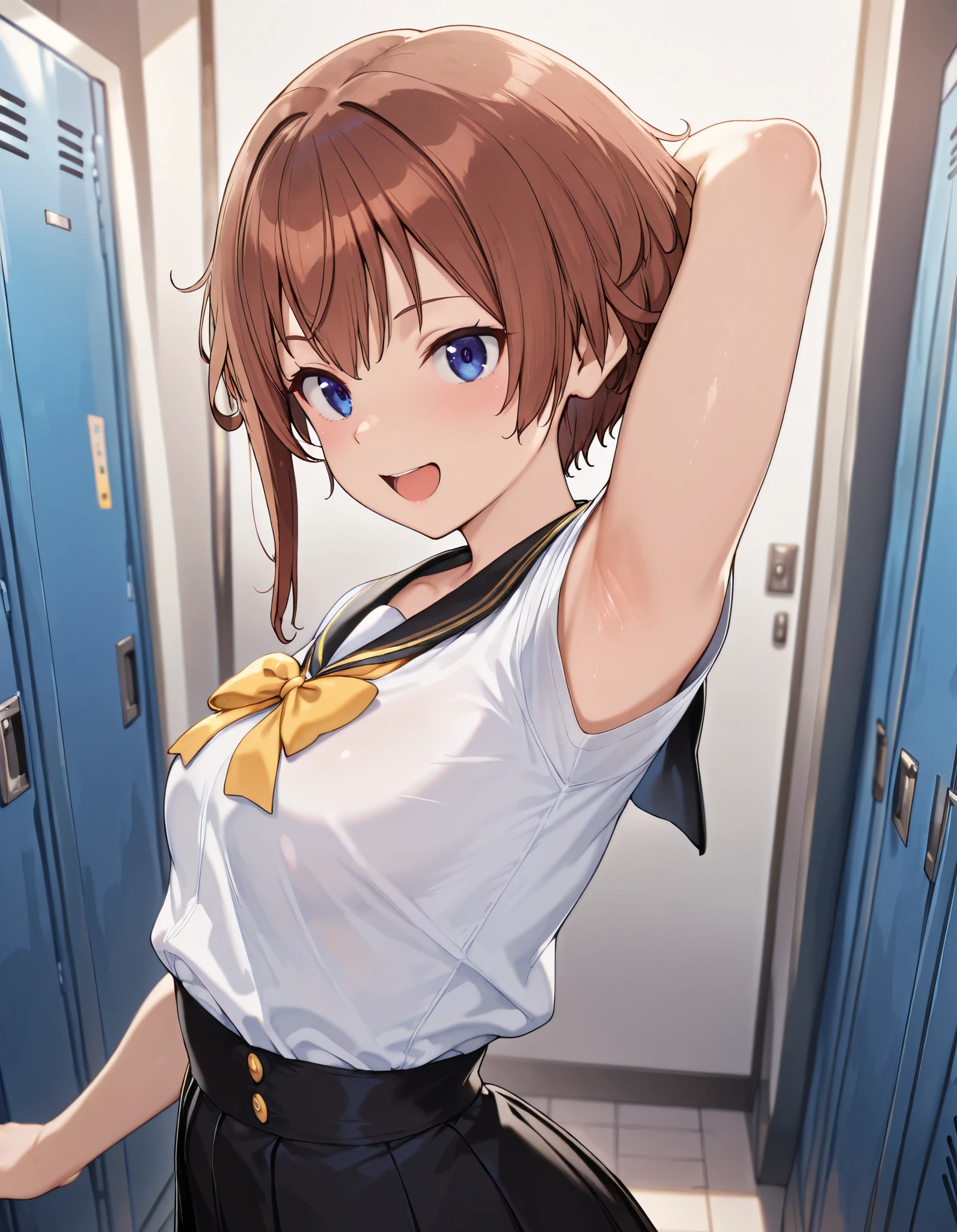 sugumi, brown hair, ,sailor collar, black coller, yellow lines, yellow bowtie, white shirt, sailor suit, short sleeves, black skirt, pleated skirt,
,BREAK, armpit, arm over head, left arm over head. focus on armpit,
smile, disdaining, open mouth, (looking at viewer), \(troubled eyebrows\), (nose blush:0.7),
BREAK, masterpiece,absurderes, beautiful detailed face,(masutepiece:1.2), Best Quality, High resolution, Unity 8k wallpaper, (Illustration:0.8), (Beautiful detailed eyes:1.6), extra detailed face, Perfect Lighting, extremely details CG, (Perfect hands, Perfect Anatomy)
,BREAK,Alp,
,looking at viewer, glare at viewer,
from side,
((masutepiece,hight resolution)), masutepiece, Best Quality, , absurderes, Perfect Skin, Detailed skin texture, ultra-detailliert, 8K, Intricate details, beautifull detailed face,hight resolution, 1girl ,from front,
indoors,locker room