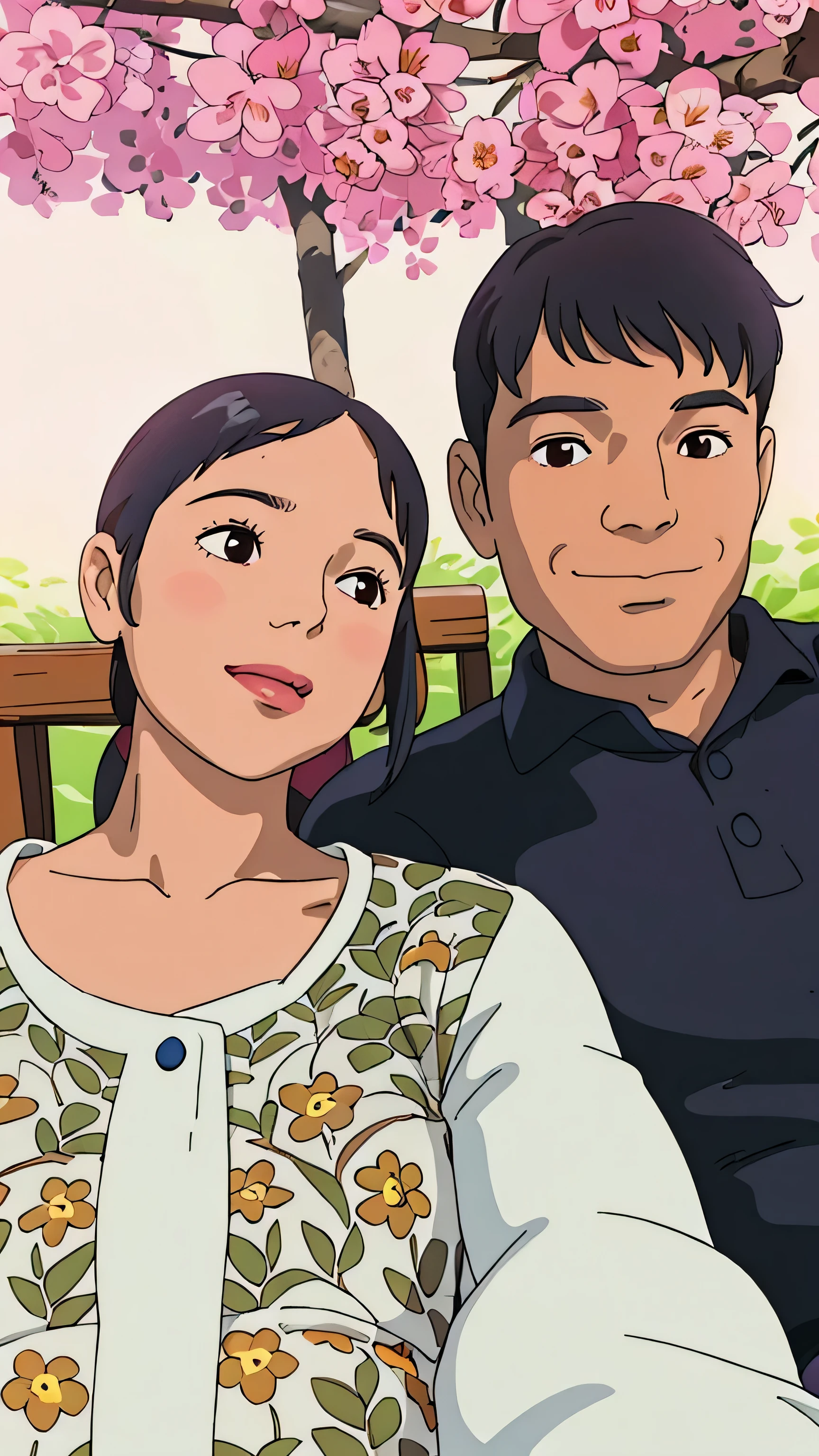 there is a man and a woman sitting on a bench, lovely couple, happy couple, in love selfie, ghutra and egal, selfie photo, couple, jayison devadas, facebook post, selfie photography, photo taken in 2 0 2 0, profile pic, couple pose, 8k selfie photograph, wife, profile image, candid picture, cute photoghibli style, ((masterpiece)),((best quality)),(detailed),Illustration,8k,colorful, high contrast