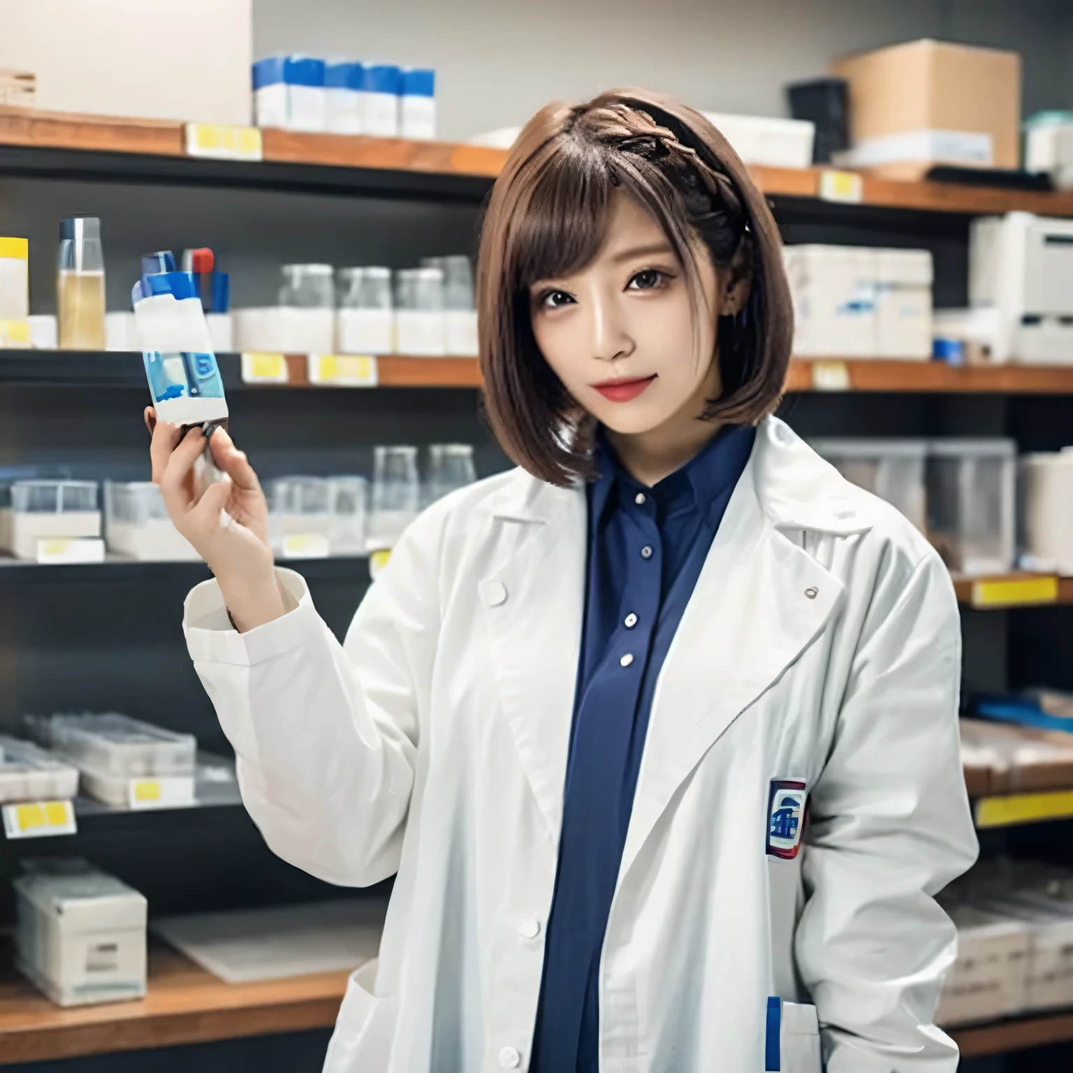 Depict a 20-year-old, stunningly beautiful woman conducting an experiment in a well-equipped science lab. She wears a pristine white lab coat over professional attire, her expression focused as she carefully handles scientific instruments. Whether her hair is long and neatly tied back or short and styled, she maintains a meticulous appearance suited for the lab environment. The background features shelves filled with scientific equipment, adding to the immersive atmosphere of the setting. Brown hair, bob haircut, dark eyes.