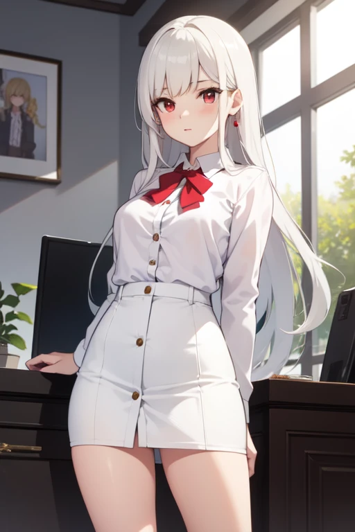 slim, (wide hips, thick thighs), scared, slender, looking at viewer, bound arms, arms behind back, Upskirt shot, (dress shirt, tie, pencil skirt), in office building, (masterpiece), (best quality:1.2), absurdres, intricate details, (highly detailed skin:1.2),