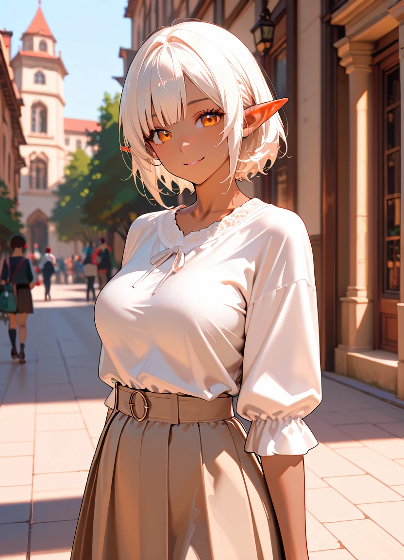 glowing green eyes, high-waist buttoned skirt, long high-slit skirt, green skirt, ???????, hands on ?????, big ?????, hair tied in a bun, white hair, dark skin, crowded country town