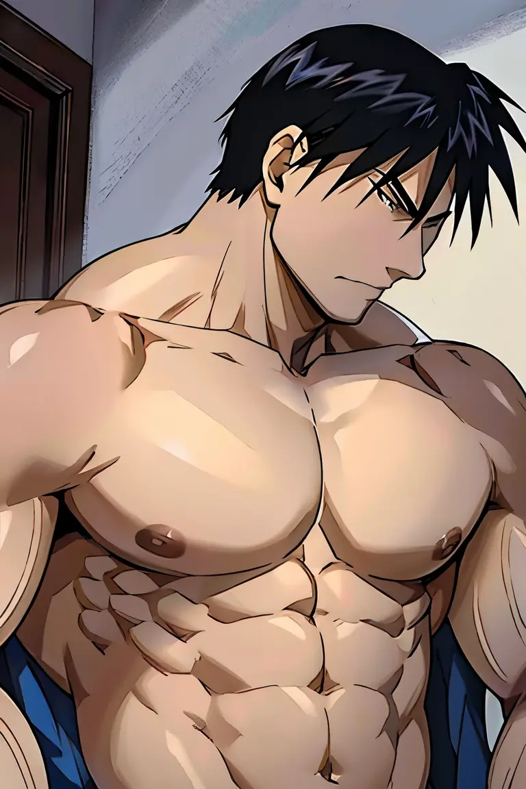 Roy Mustang from Full Metal Alchemist, shirtless, bodybuilder