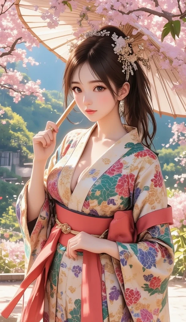 最high quality、high quality、Best image quality、8k、最High resolution、High resolution、最high quality、masterpiece、Detailed and realistic human body、Detailed and realistic skin、Realistic face in every detail、Realistic eyes down to the details、Realistic lips in every detail、Realistic teeth in every detail、Detailed and realistic ears、Detailed and realistic hair、Detailed and realistic weapons、Realistic reproduction of every detail、Realistic fingers in every detail、(Beautiful Hands、thumb1reference4)、Realistic feet down to the last detail、((Beautiful Japanese Girl))、(Japanese Model), (Japanese women)、((18 year old beautiful girl))、(Black Hair)、(Random Hairstyles)、((whole body))、((Upward beautiful breasts))、(petite and slender figure)、(whole body光沢肌、Fair skin)、Soft natural light、Long-sleeved kimono、kimono、yukata、Japanese tradition、Japanese garden、((See-through mesh(花柄入りminikimonoを着用))、((Under the cherry tree(Poses to make your thighs look beautiful))