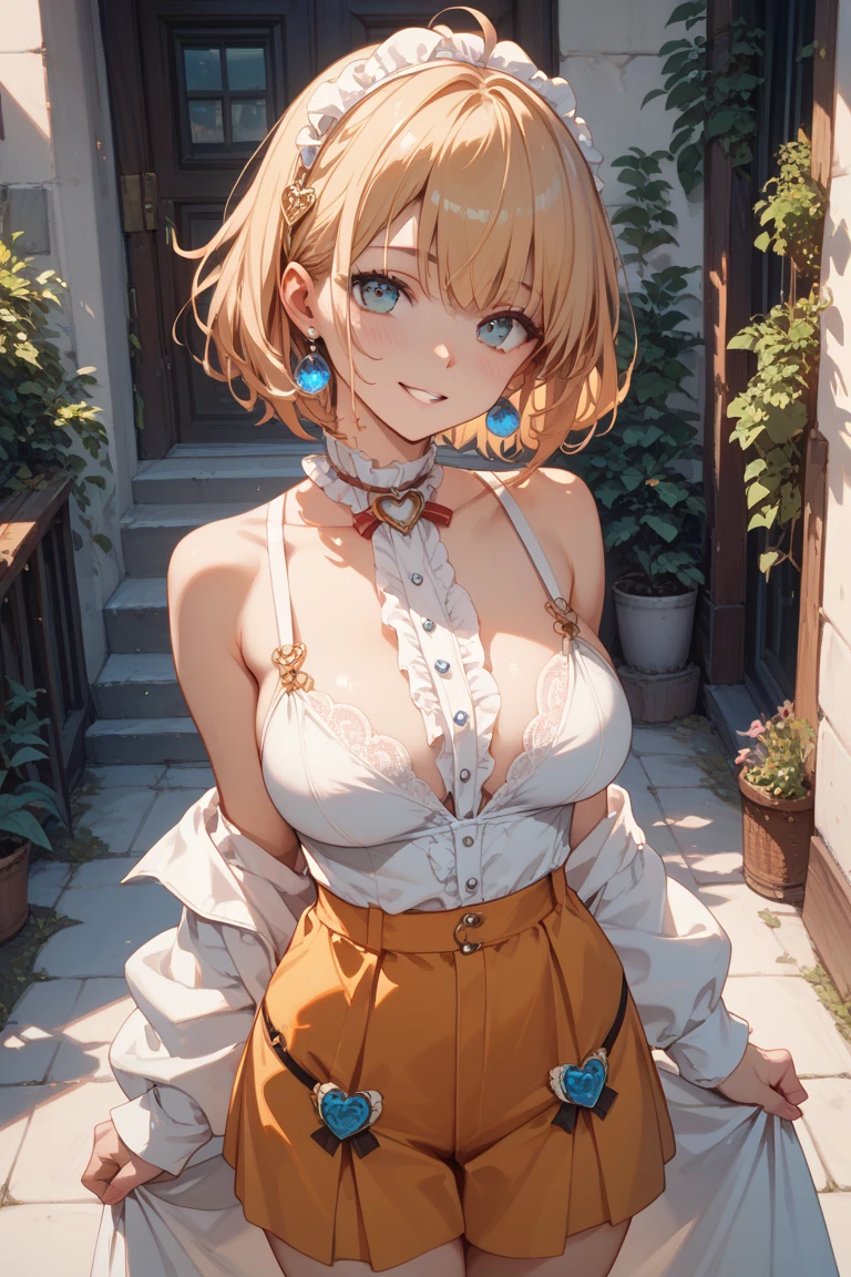 masterpiece, Highest quality, Very detailed, figure, Detailed light, content, Blushing, Highlighted Hair, chest, Beautiful and exquisite body, Sparkling Eyes, A girl greets me as she arrives, Maillot de Bain Yunu Peace Orange A Decollete Long Jean, Sa Hanche, Full view of the buttocks, Montrant les Fès, Bare thighs, Sunburned skin, Dans Le Jardin Fleury, smile, Darjeeling, White skin