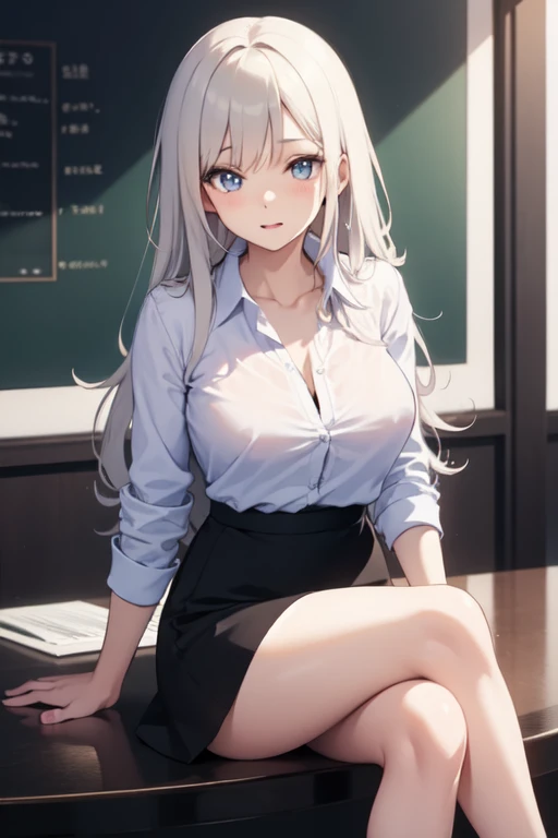 white hair, long hair, s eyes:1.5), (Large Breasts:1.2),
Rest special short skirt, skirt, White shirt， Setofuku,Low-cut，Cleavage，With eyes closed，boots，
Resting looking at viewer,
Rest indoors, Classroom break (masterpiece:1.2), best quality, high resolution, Unity 8k Wallpaper, (illustration:0.8), (Beautiful and delicate eyes:1.6), Extremely detailed face, Perfect lighting, Extremely detailed CG, (Perfect hands, Perfect anatomical structure),