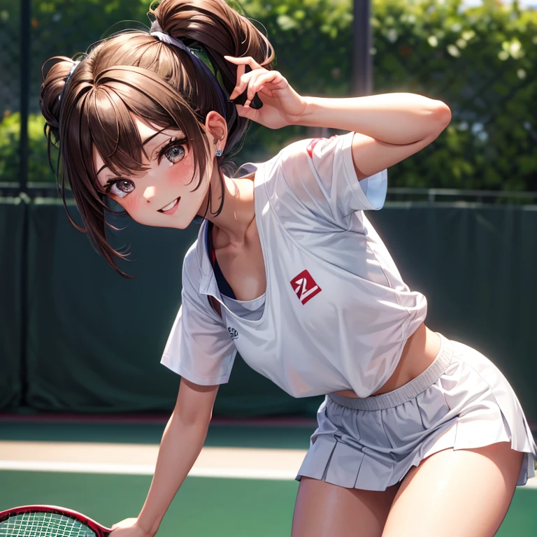 Super Detailed Game CG, (High resolution:1.1),(absurd:1.1), anime, Tennis court、pretty girl, 1 girl, takane manaka, small breasts, black hair ponytail, White and pink tennis wear, bangs, wind effect, reflection effect, Reddish cheeks、 beautiful perfect face, droopy eyes、With a wave of hands、trot、sweaty、dynamic angle、female tennis player、Hitting the tennis ball back