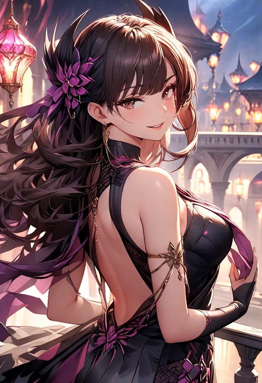masterpiece,sthe highest qualit,(Night:1.7),zhonggguo, CityView, city lights,Skyscraper,street、、、、、、1girl,jewelry,Earrings,necklaces、posing,smiley face,large breasts,long hair,(arms behind body:1.3), purple skirt, floral print, arafed asian woman in a purple bra top posing for a picture, ai yazawa, sui ishida, Nara Yoshitomo, ayami,