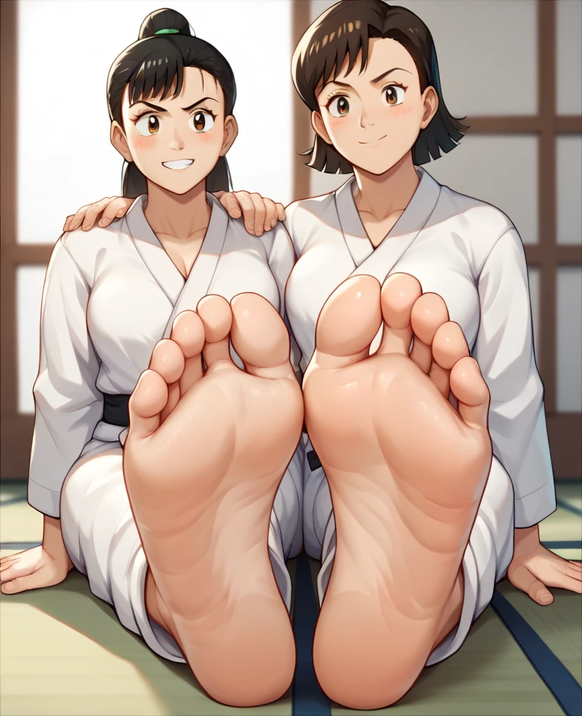 Anime girl sitting on a chair with Big Feet and pink shirt, Huge Art, Foot Art subjective, Detailed feet POV, Big Feet, Foot pose, Tifa, Foot Art, !!Very detailed!!, Her slender legs will blow your mind., Naughty anime style, High Sole, High Resolution Rate、barefoot、only, Sweaty Feet,  Expose the soles of your feet, 2 girls, Embarrassed look, Sentai Heroine, Samurai Sentai Shinkenger, Mako Shiraishi, Kaori