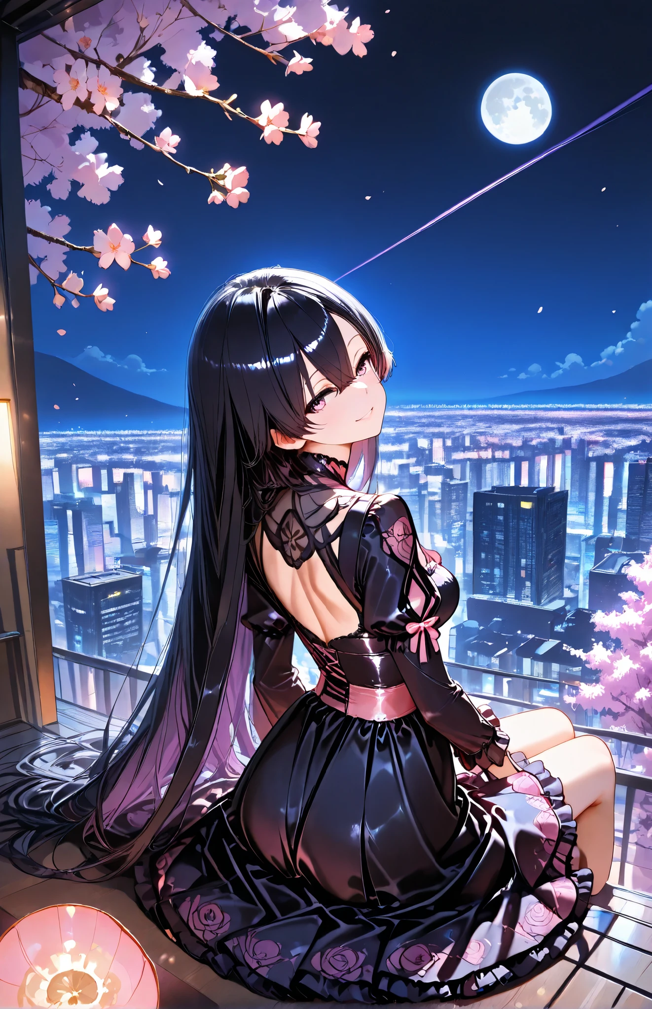 cherry blossoms, looking back, A girl, sharp purple eyes , multicolored eyes , hair between eyes , long side bangs , black hair with fine purple strands , very long hair , medium breasts, black-Pink gothic dress, elaborate dress, elaborate pattern, long sleeves, puff sleeves,Ruffles, laced, stands on the balkony, looking out at the moon, trees, flowers,sitting, watercolor art style, drawing art style, pastel color, vintage art style,from behind, janpanese stlye,janpanese building, city scape, horizon, vapor trail, neon lights, night, sadly innocent smile, full moon, Look up at the full moon, solo, score_9, score_8_up, score_7_up, source_anime