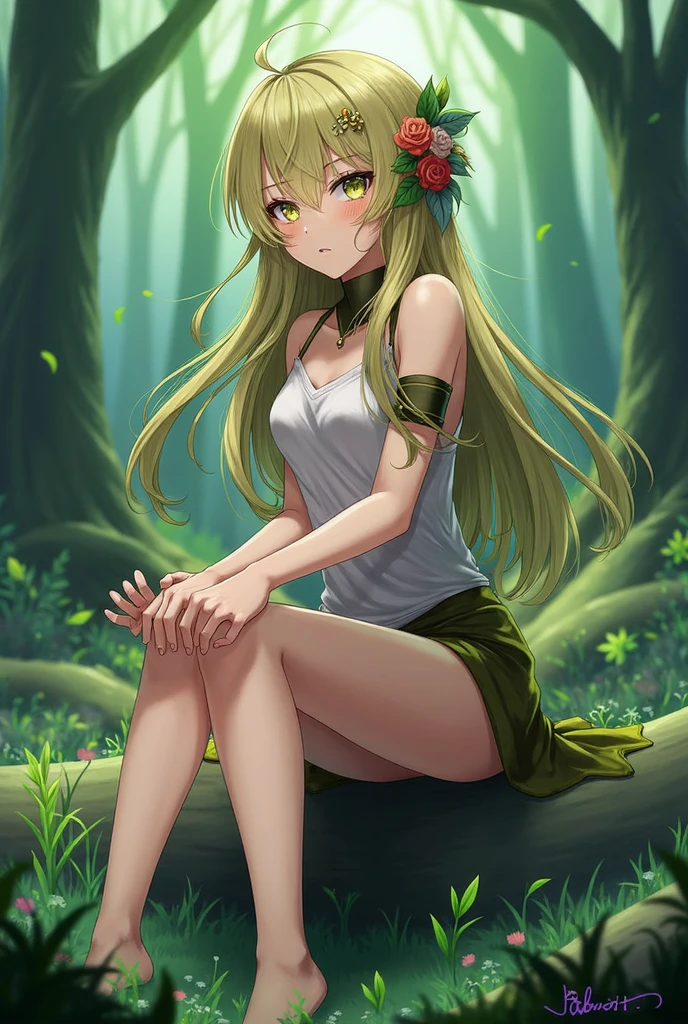 1 girl，Best quality, tmasterpiece, Long green hair, beautiful,detailed eyes, HD, super cute girl, super cute hairstyle, extremely detailed, Visually inspect the audience, The face is slightly red，is shy，adolable，Lori small breasts cleavage, skirt, pleated skirt, frills, frilled bra, (solo:1.6), seductive smile, (green eyes with beautiful pupils:1.7), (on her knees:1.5), (garden background with butterflies and flowers around:1.2),