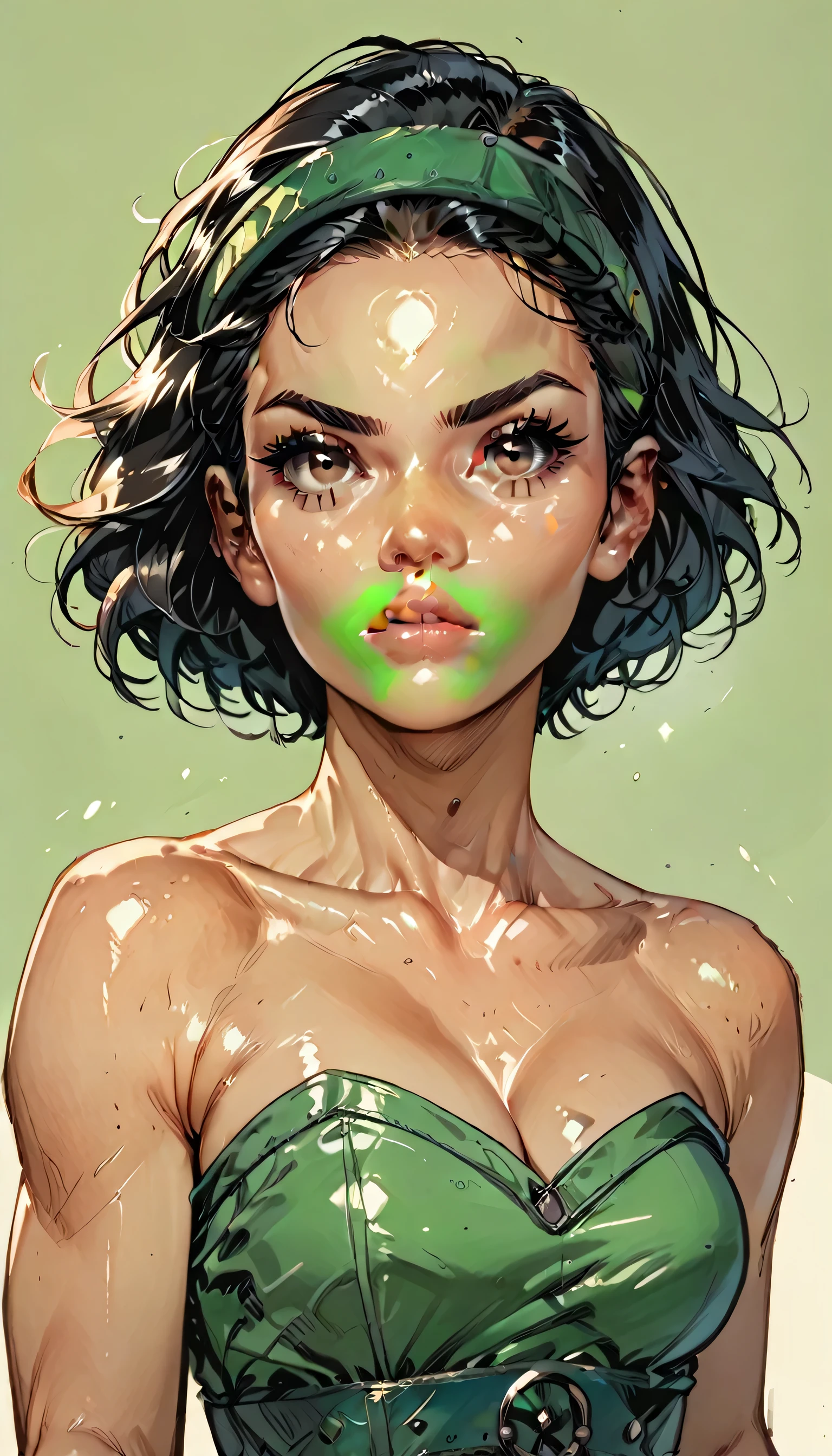 perfect face, black hair, short hair, (green headband, forehead), black thin eyebrows, dark brown eyes, black eyelashes, nose, normal lips, collarbone, cleavage, (green tube top), medium breasts, looking at viewer, (shiny skin)