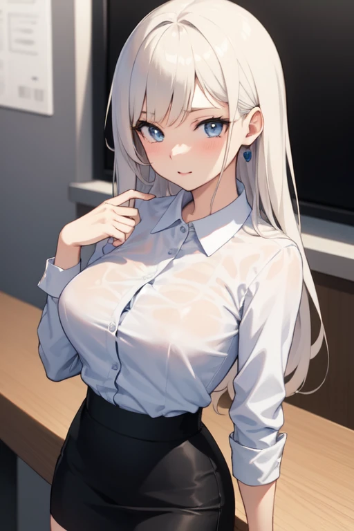 gesture:Handjob、Wet、(Her dress shirt is see-through and her bra is visible:1.4)、skirt、(Unbroken body),(Perfect body structure),(arms two),(legs two),highest quality, 4K, (High resolution:1.3) masterpiece, 1.2, Super detailed, HDR, Studio Lighting, Sharp Focus, Bright colors, Portrait, Warm tones, Soft Lighting,Silver Hair、Blue eyes、
