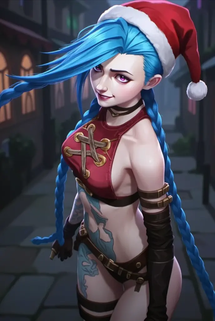 ((best quality)), ((highy detailed)), artwork, , (1 girl), (standing alone), dynamic pose, cowboy shot, (((very wide shot))), Jinx \(League of Legends\), hair blue, ((very long hair)), twin braids, pink eyes, tattoo's, breasts small, he used to smile, ((Hooded cape, long sleeves)), gym shorts, (out, in a temple, the night, night sky, stele, fullmoon, Hurricane)