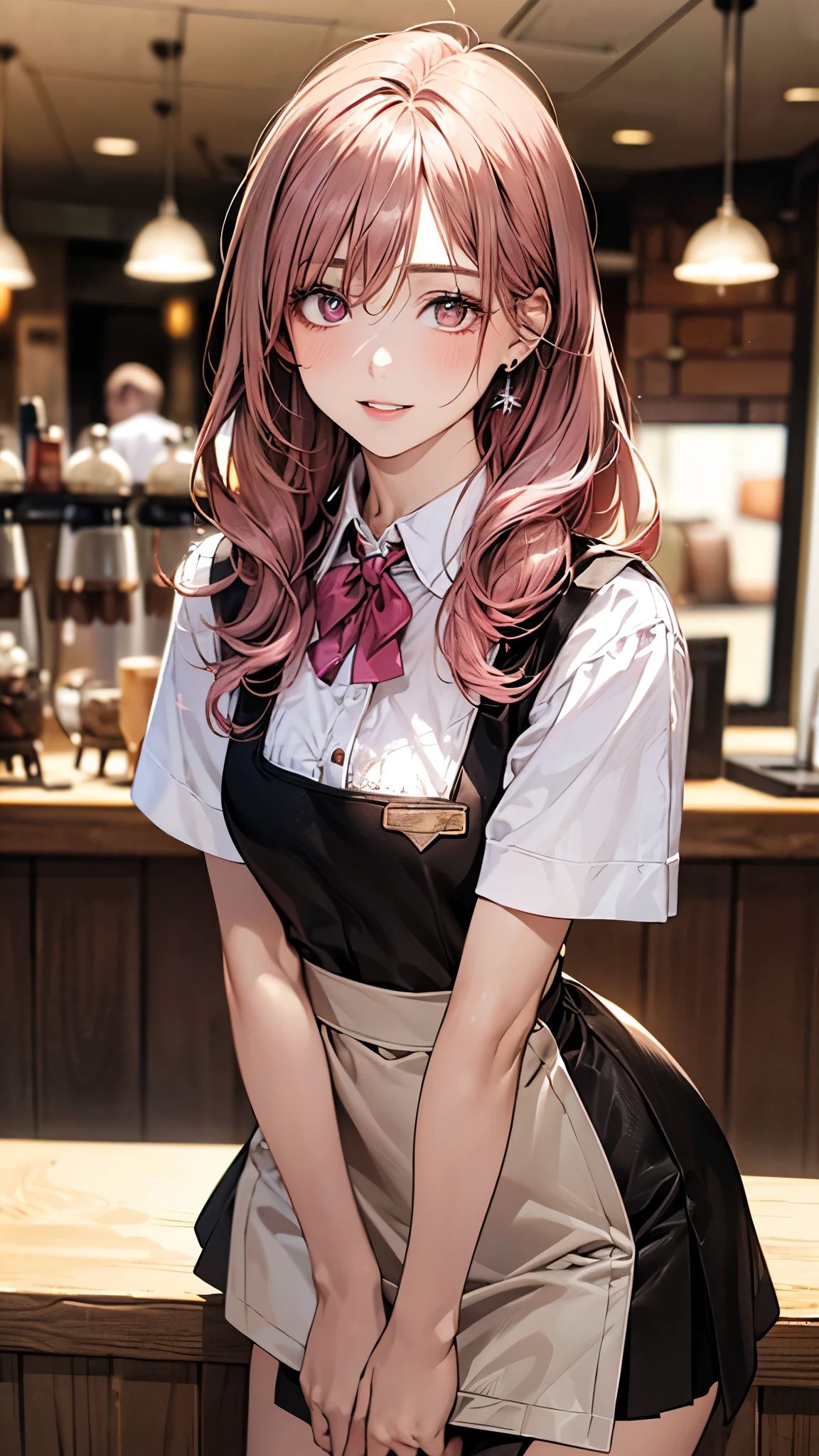 masutepiece、hight resolution、The coffee shop of the future、Woman making delicious coffee、25Year old girl、1Girl clerk、Looking at the camera、Hair is fashionably tied、long chestnut hair(Pink Inner Color)smil、Finish as shown in the photo、Coffee and beauty、the skin is white and beautiful、