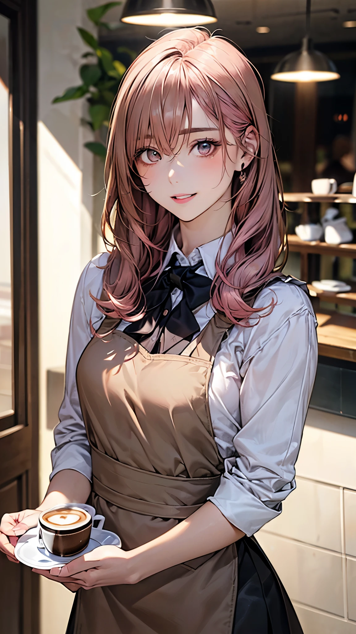 Anime girl with long pink hair holding a cup of coffee - SeaArt AI