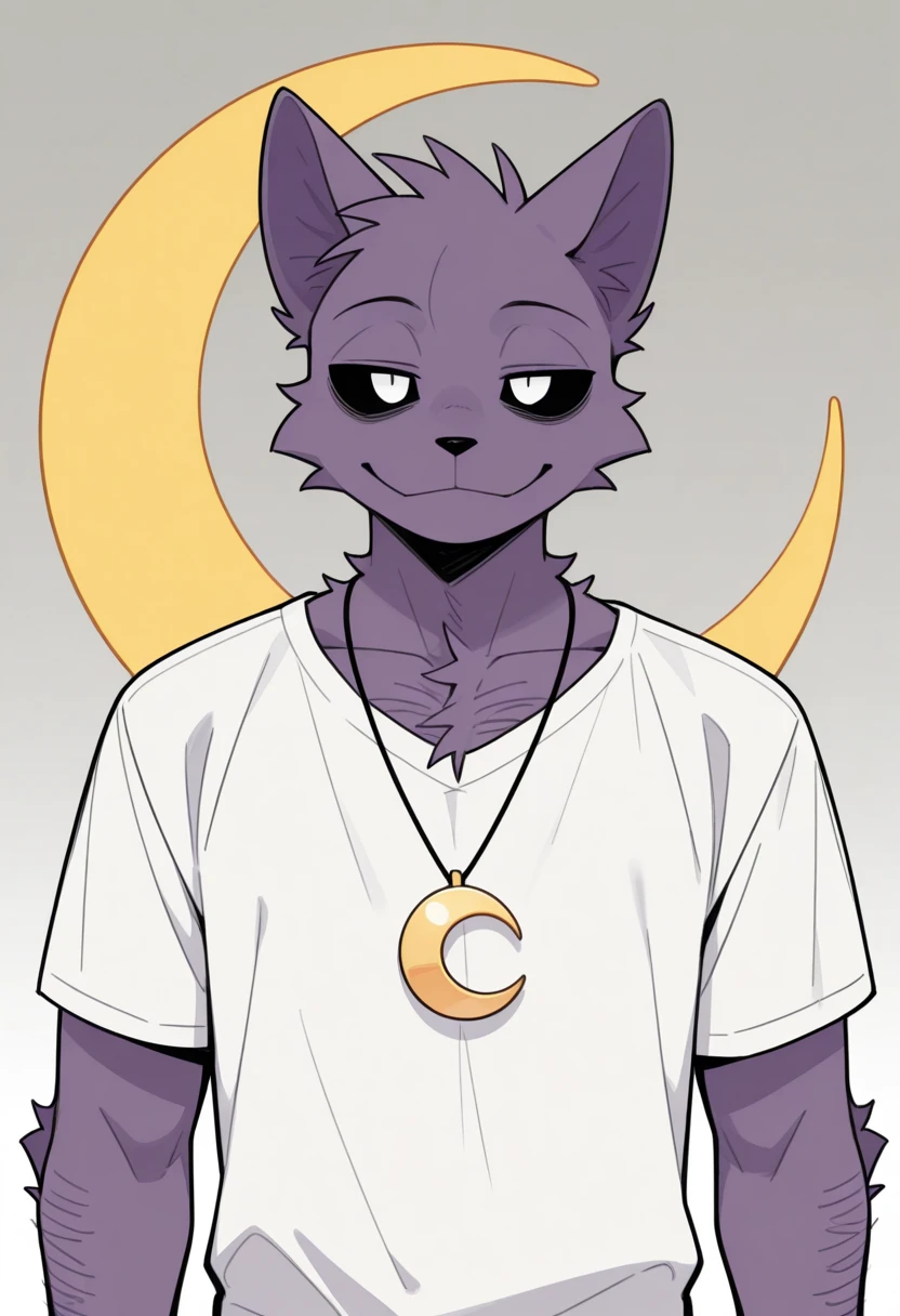 Best quality, incredible quality, theme, absurdos, mais novo, 1 menino, Sozinho, Soneca,  papoula_Game time , BREAK 
furry yellow crescent shaped necklace , yellow crescent necklace, sorrir, male focus, hairy male, black sclera, white eyes, animal ears, boca aberta, camisa, looking at the viewer,  white shirt, 