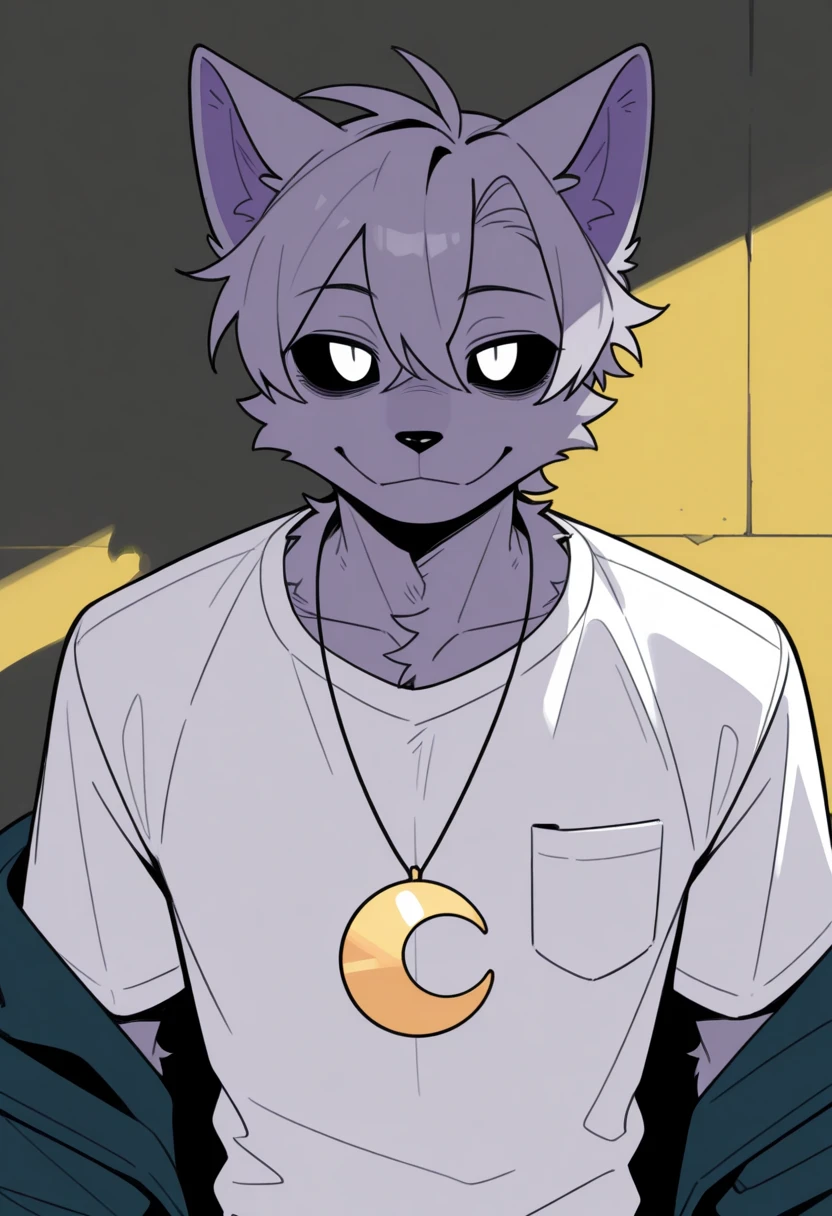 Best quality, incredible quality, theme, absurdos, mais novo, 1 menino, Sozinho, Soneca,  papoula_Game time , BREAK 
furry yellow crescent shaped necklace , yellow crescent necklace, sorrir, male focus, hairy male, black sclera, white eyes, animal ears, boca aberta, camisa, looking at the viewer,  white shirt, 