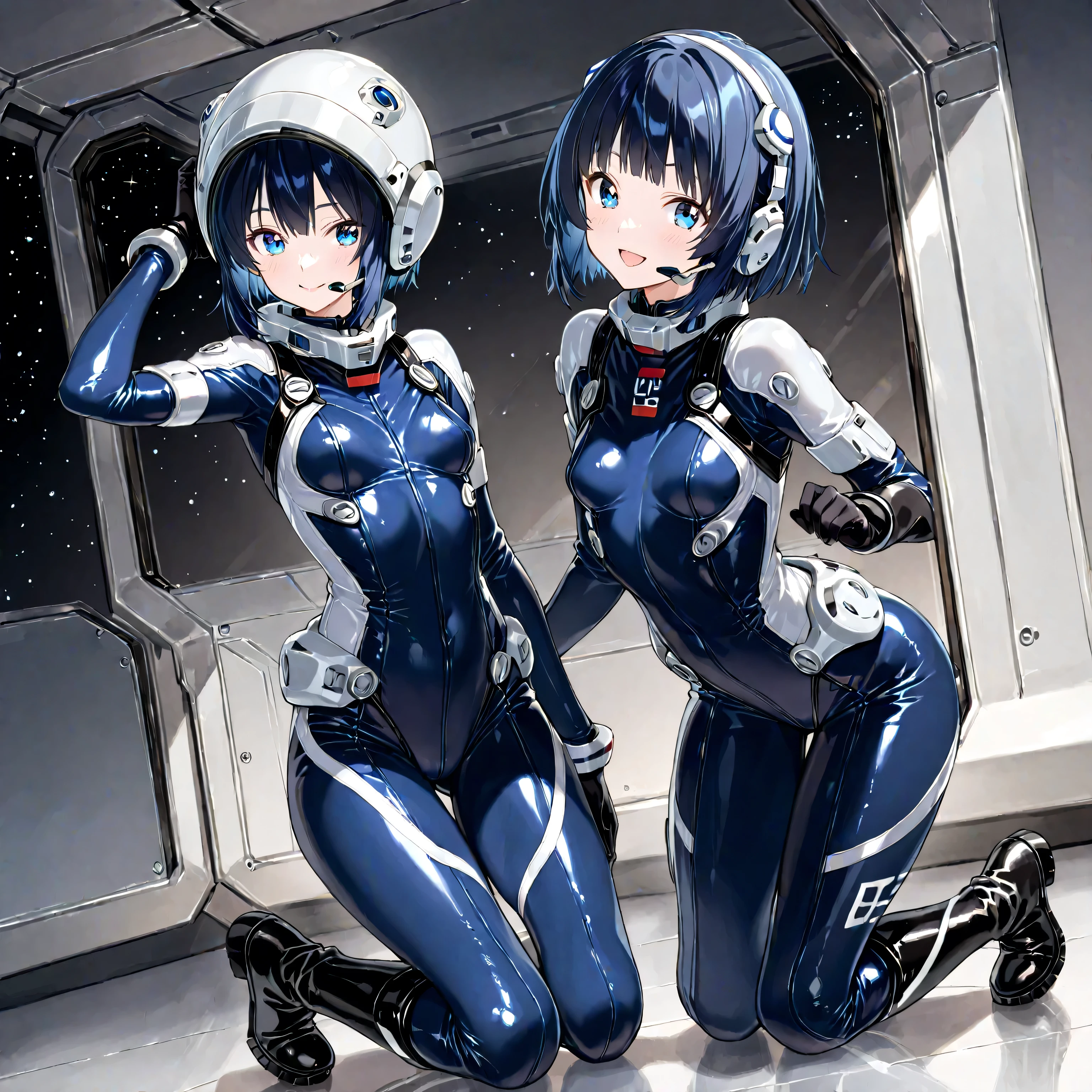 (Masterpiece, Best Quality, Best Resolution, distinct_image, Very Elaborate CG, Cinematic Lighting, Ray Tracing, Drop Shadows, Detailed Detail, (Photorealistic: 1.4), High Quality Textures, Fine-grained, Realistic Face Expression): (Single Girl, Face Japan Person, Blue Haired Girl, Short Cut, Lying, Small Size Breasts, Detailed Gundam cockpit with sparkly blue colored eyes, eye-level shots, metallic white and blue colored flight suits, tight-fitting clothes, full-body covering clothes, light smile, beauty, slim body, exoskeleton, heroine, headset, knee boots, gloves, solo ride)