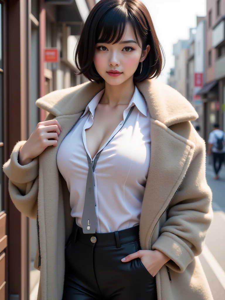 a 19 year old face of the most beautiful actress in the world, the short hair cut of a female is just male one, the perfect body proportions of a female, formal shirt under blazer is covering large breasts, panties between bare legs are almost seen thanks to skirt is too short, standing, at city street, nsfw, best quality, highly detailed, masterpiece, ultra high res, photo realistic, 8k