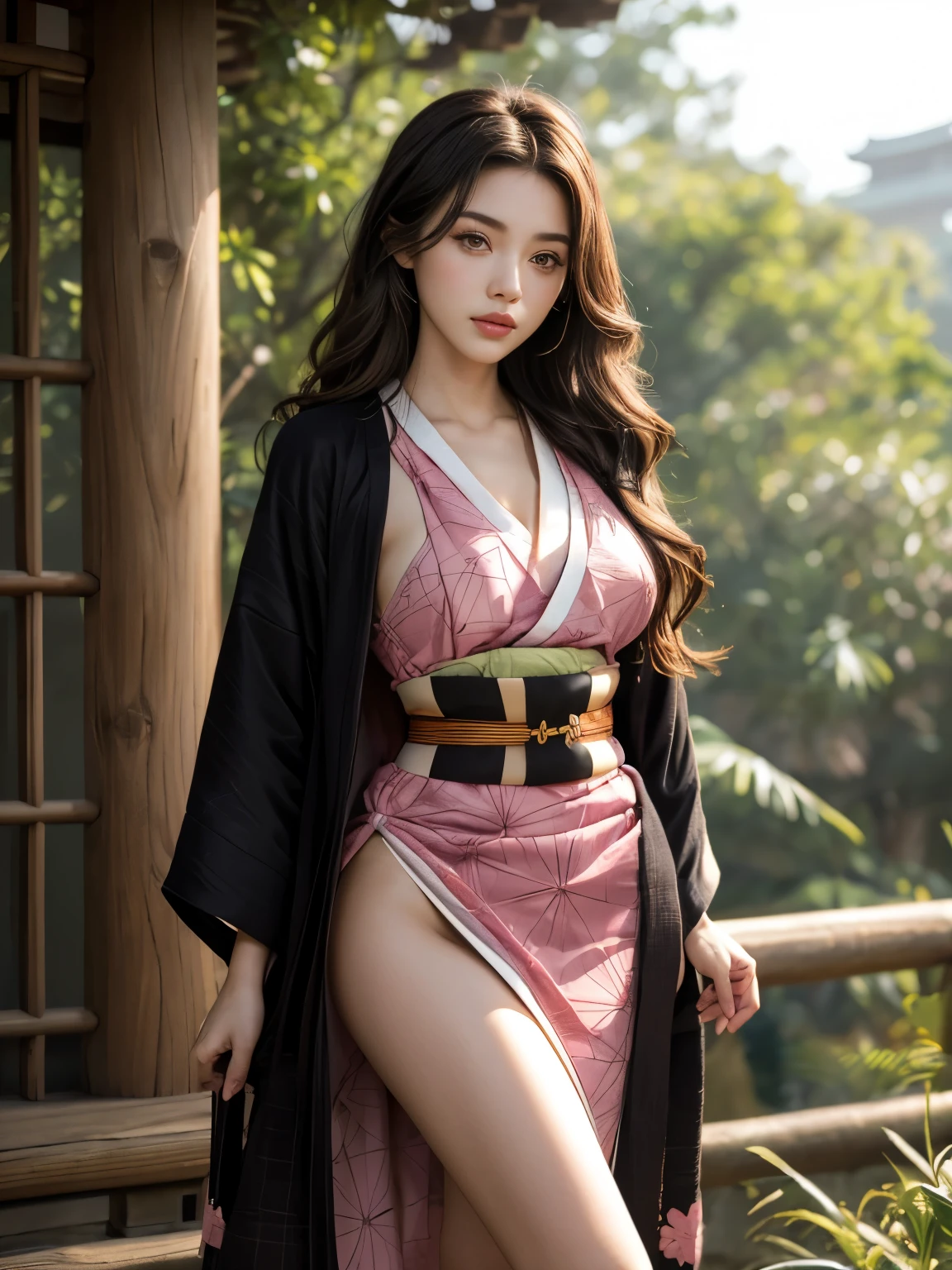 Masterpiece, Best Quality, High Resolution, Venus1, 1Girl, Solo, Tsuko Kamato, Bamboo, ((Gag)), Hair (brown), Plaid Belt, Gag, Gag, Gradient Hair, Hair Ribbon, Haori, Japanese Clothing, ((Black Kimono:1.2)), Very Short Kimono, big , Long Hair, big breast, Looking at the Audience, Multicolored Hair, Pink Eyes, Very Short Pink Kimono, Black Outer, Pink Ribbon, Ribbon, Solo, (((Masterpiece)), Forehead, standing posing, bamboo background, Cute puffing cheeks,  seducing, Eyes wide, slim waist, sexy posing, slim tight , realistic face hair, show nipples in medium breasts, show vagina,, spread legs.