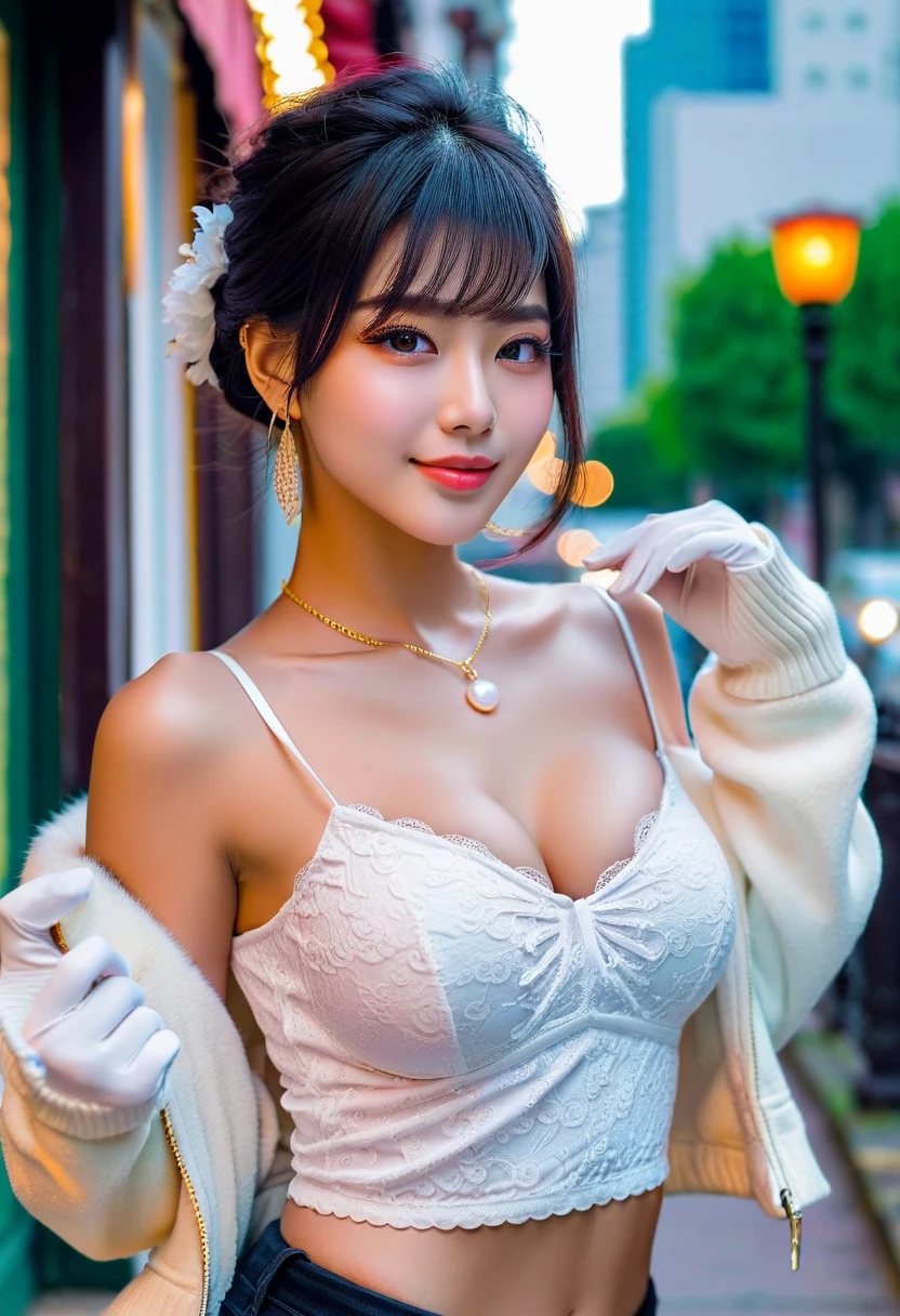 ((optimal quality, 8K, masterpaintings:1.3)), Focus:1.2, perfect figure beautiful woman:1.4, Cocked buttocks:1.2, ((High ponytail, clavicle:1.2)), (a short skirt:1.1) , (Rain, Street:1.3), Highly detailed facial and skin texture, detailed eye, Double eyelids,Whiten skin,length hair,(closing mouth:1.3),Smile with,clong legs,Whole human body,silk clothes,Optimal proportions of four fingers and one thumb,smiley face,Face texture:1.3,sun beam,buzzer,clavicle,Finely Beautiful Eyes,Real face,authentic skin,Realistic face,Realistic skin,Detailed eyes,detailedfacialfeatures, detailed clothes features,Detailed face,Chest contour,tight-fitting,POS Random,The upper body is wrapped in silk and chest:1.4