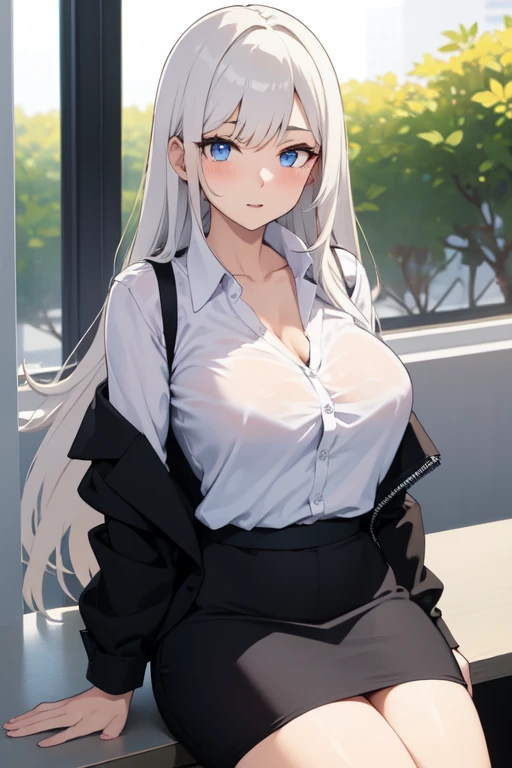 A young woman with silver bangs long hair, grey eyes, pale skin, medium sized breasts. She is wearing a black sweatshirt and white jeans. She is looking at the viewer with a serious face. The setting is the balcony of a luxurious apartment with the night city in the background.