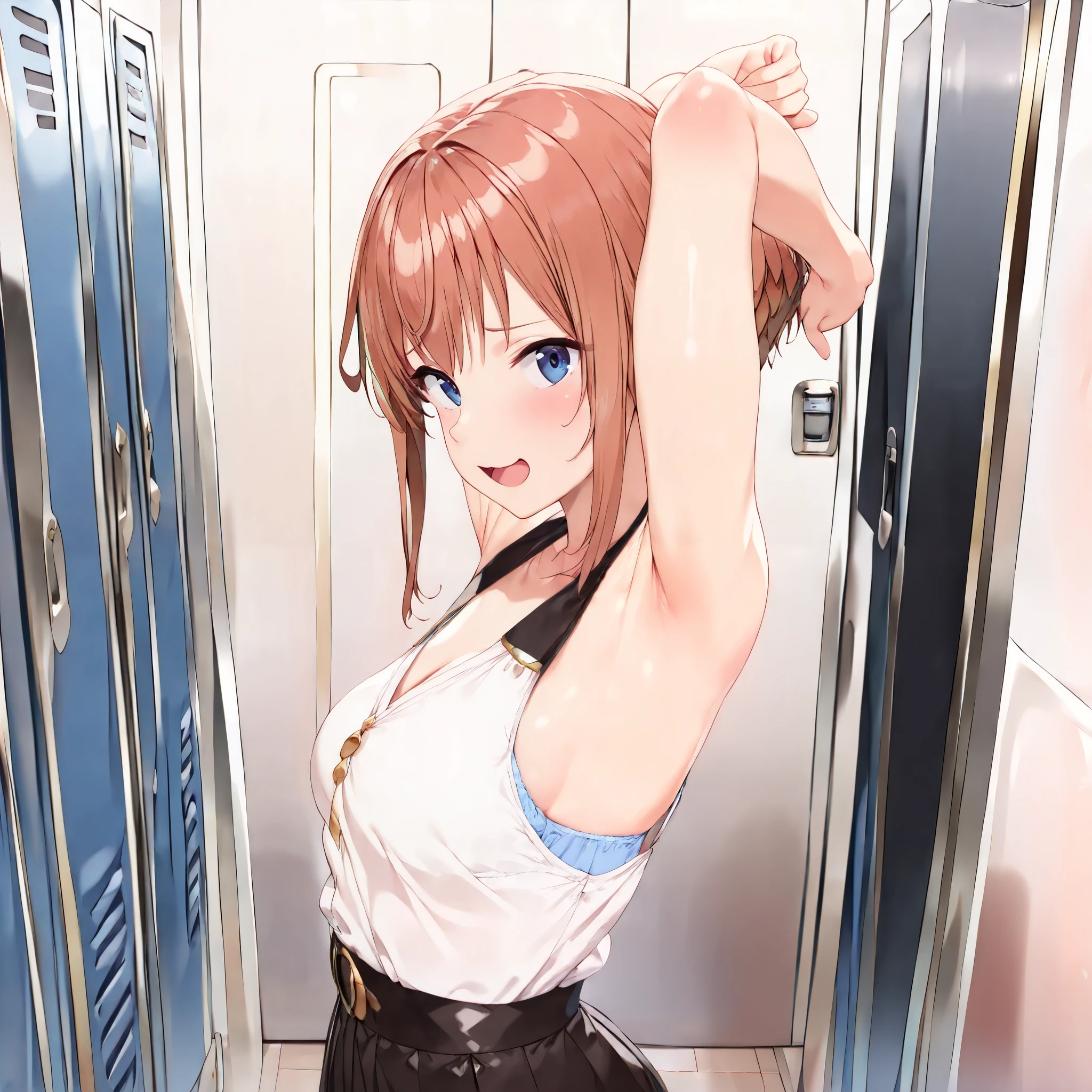 sugumi, brown hair, ,bra, black skirt, pleated skirt,
,BREAK, armpit, arm over head, left arm over head. focus on armpit,
(embarrassed), (brush:0.5), smile, open mouth,
,\(troubled eyeblows:1.5\), (looking at viewer:1.5),
BREAK, masterpiece,absurderes, beautiful detailed face,(masutepiece:1.2), Best Quality, High resolution, Unity 8k wallpaper, (Illustration:0.8), (Beautiful detailed eyes:1.6), extra detailed face, Perfect Lighting, extremely details CG, (Perfect hands, Perfect Anatomy)
,BREAK,Alp,
,looking at viewer,
from side,
((masutepiece,hight resolution)), masutepiece, Best Quality, , absurderes, Perfect Skin, Detailed skin texture, ultra-detailliert, 8K, Intricate details, beautifull detailed face,hight resolution, 1girl ,from front,
indoors,locker room