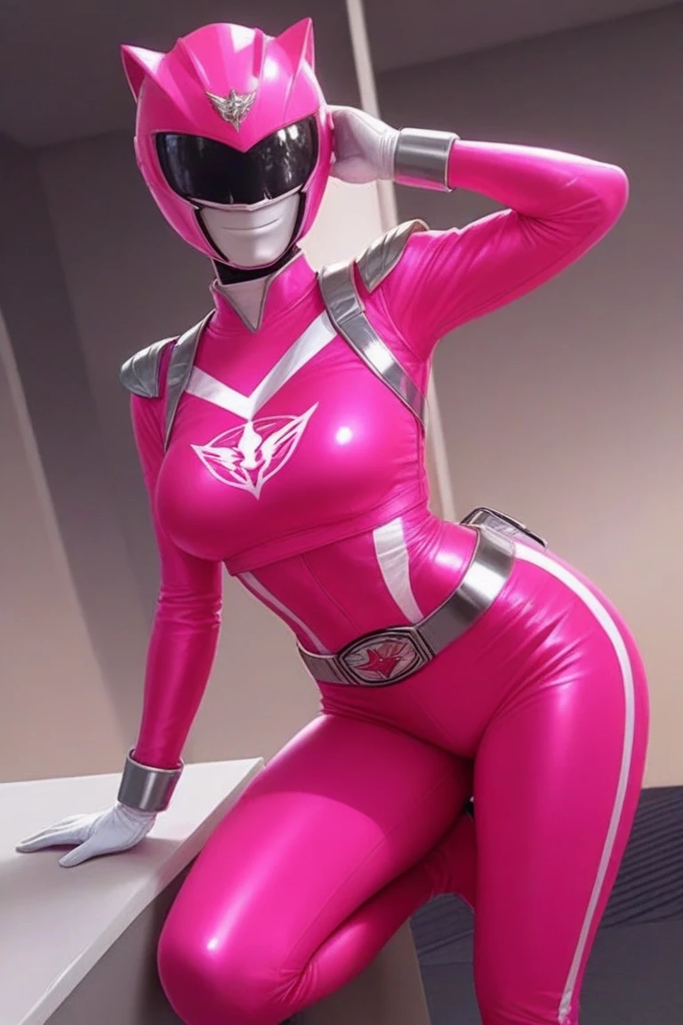 (Nude), 4k, realistic, charismatic, very detail, there is a girl in sky, wearing silver power ranger outfit, she is power ranger, super hero theme, chromatic hair, 25 years old, full body