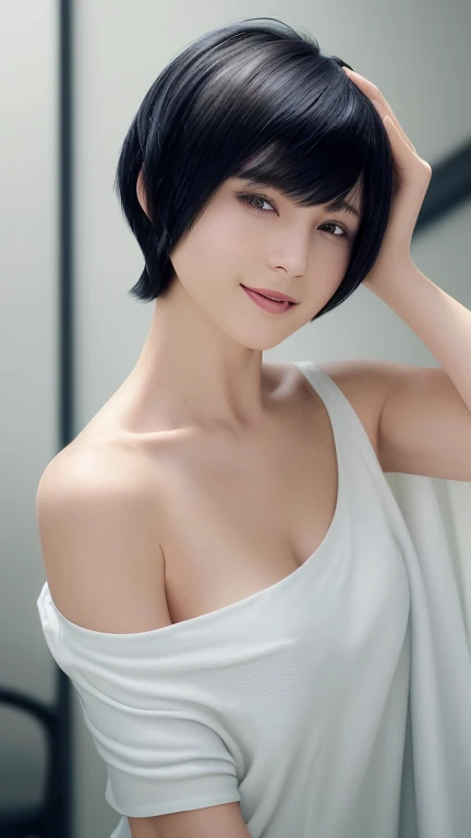 "(highest quality,8k,High resolution,masterpiece:1.2),Very detailed,(Realistic,photoRealistic,photo-Realistic:1.37),(Realistic:1.37),One beautiful woman、short hair,Deep black eyes,21 years old,Light Brown Hair,Blue bodysuit,Pastel Colou uniform,Moderate:Oil,Portrait of a Woman,smile,Vibrant colors,Soft lighting,Studio settings,Fine brushwork,White skin,Gentle expression,Subtle highlights,Thin hair bundle,A confident gaze,Classic black and white palette,Dramatic contrast,Bold composition,Mystery hint,Refined elegance,Professional Poses,Graceful posture,Perfect detail,Smooth skin texture,Perfect symmetry,The beauty of film: a mysterious smile,Sublime Art