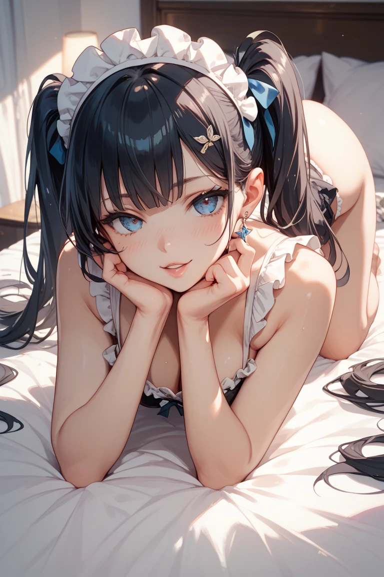Sylphiel Nels Lahda、Detailed Description、high resolution、One Girl、Small face、Thin legs、Small waist、Black Hair、long hair、(blush)、Troubled face、Completely naked、Nipples are visible、Leaning forward、Cleavage、Looking up、upper body shoot、shoot from above