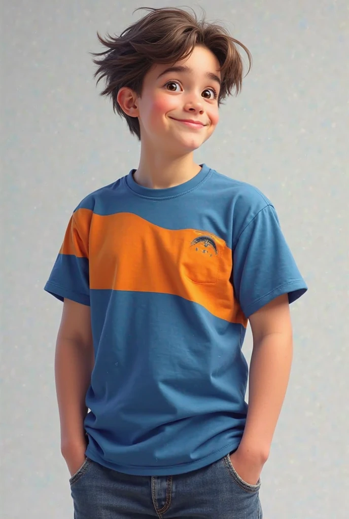 “A young handsome Caucasian little boy with brown hair, blue eyes named Peter, kid, 6 years old, wearing casual clothes (Digital 3D Artwork).”