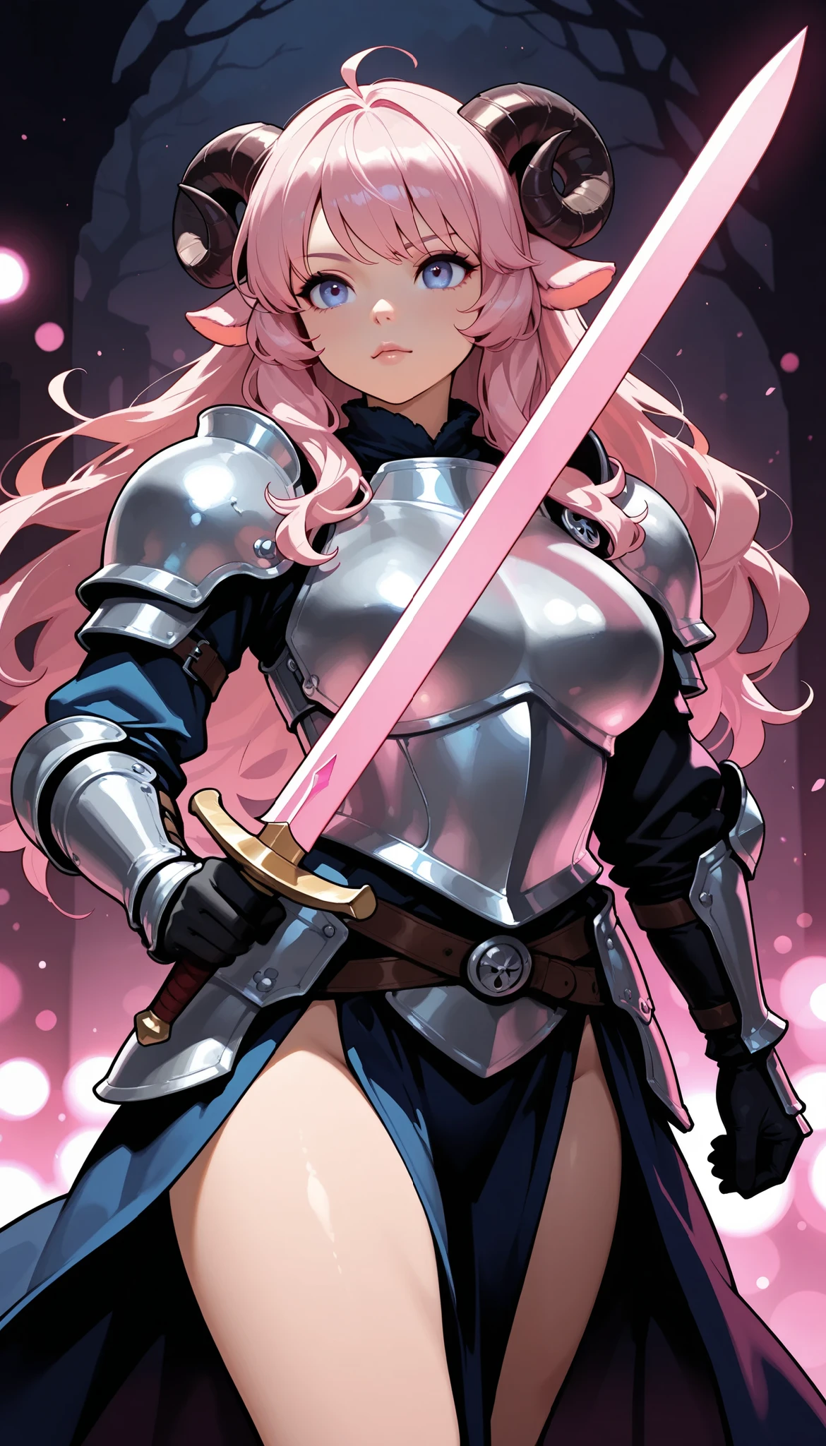 Sheep Girl, pink long hair, fluffy hair, Ram's horn, pink light equipment armor, Sheep Warrior, longsword, Attack Action, bust shot, with a well-groomed face, dark dungeon background,Mysterious Magical Light,4K High Resolution,realistic texture,vibrant coloring best quality,4K,masterpiece,hyper detailed,photorealistic,physically-based rendering,studio lighting,ultra-fine painting,vivid colors,sharp focus,Extreme Details,professional,HDR,UHD, bokeh effects ,