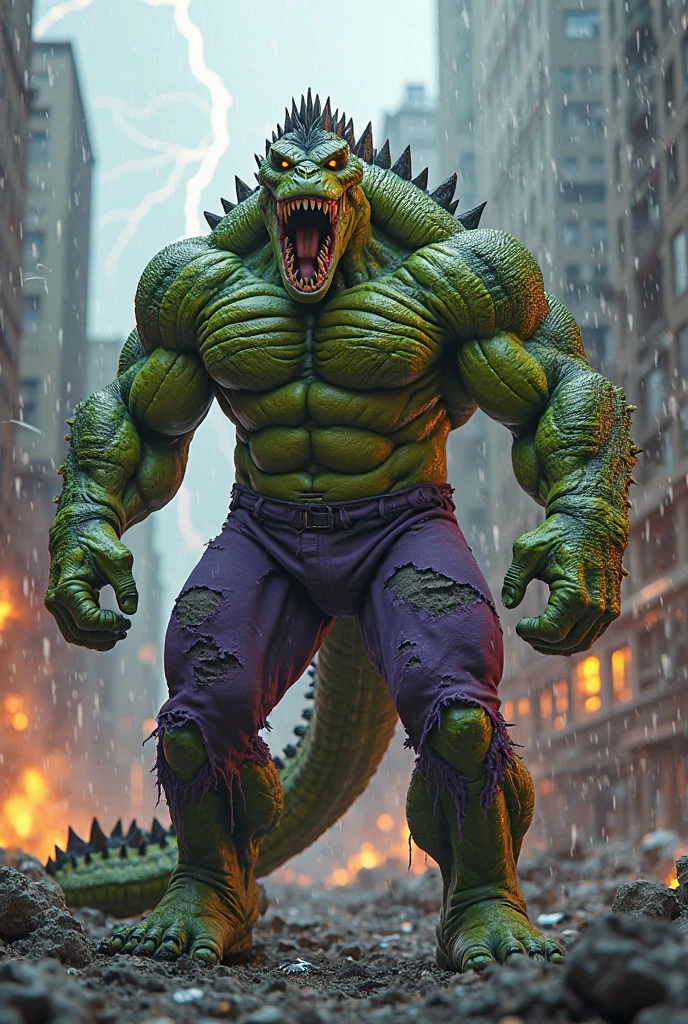 Hulk qui lance une tortue sur un dragon violet