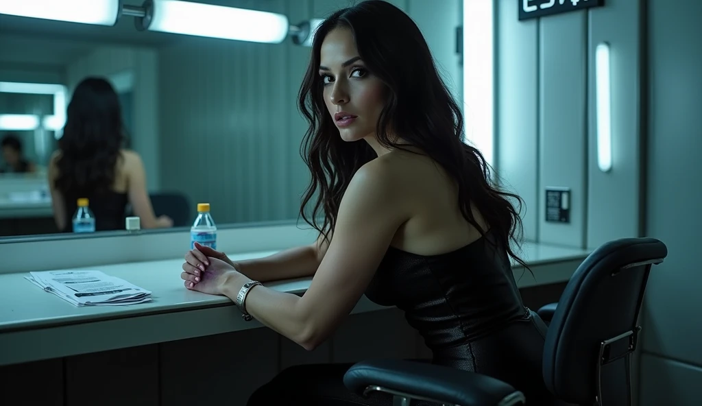 (("A mysterious young lady of 24 years old sitting in a chair")), facing the camera in a mesmerizing blend of Neo-Noir and Gothic ambiance, she wears a black leather jacket displaying her cleavage, A blend of haunting fantasies dance with surreal nightmares, Echoes of Escher subtly intertwine, morphing the cityscape into a labyrinth of mind-bending marvels, Stark interplays of light and shadow intensify the dreamlike essence, weaving an unsettling yet utterly captivating urban tapestry, A symphony of color that breathes life into this enigmatic realm, where every corner holds secrets waiting to be discovered, A realm where imagination knows no bounds, 8K rendering, light racing, 32 k resolution, hyper realistic, high octane details, (("Canon EOS 5D Mark III Shot")), Cinematic, "Lord of the Rings look", ((Film Grains)), look like movie still, ((Hollywood Quality)), 