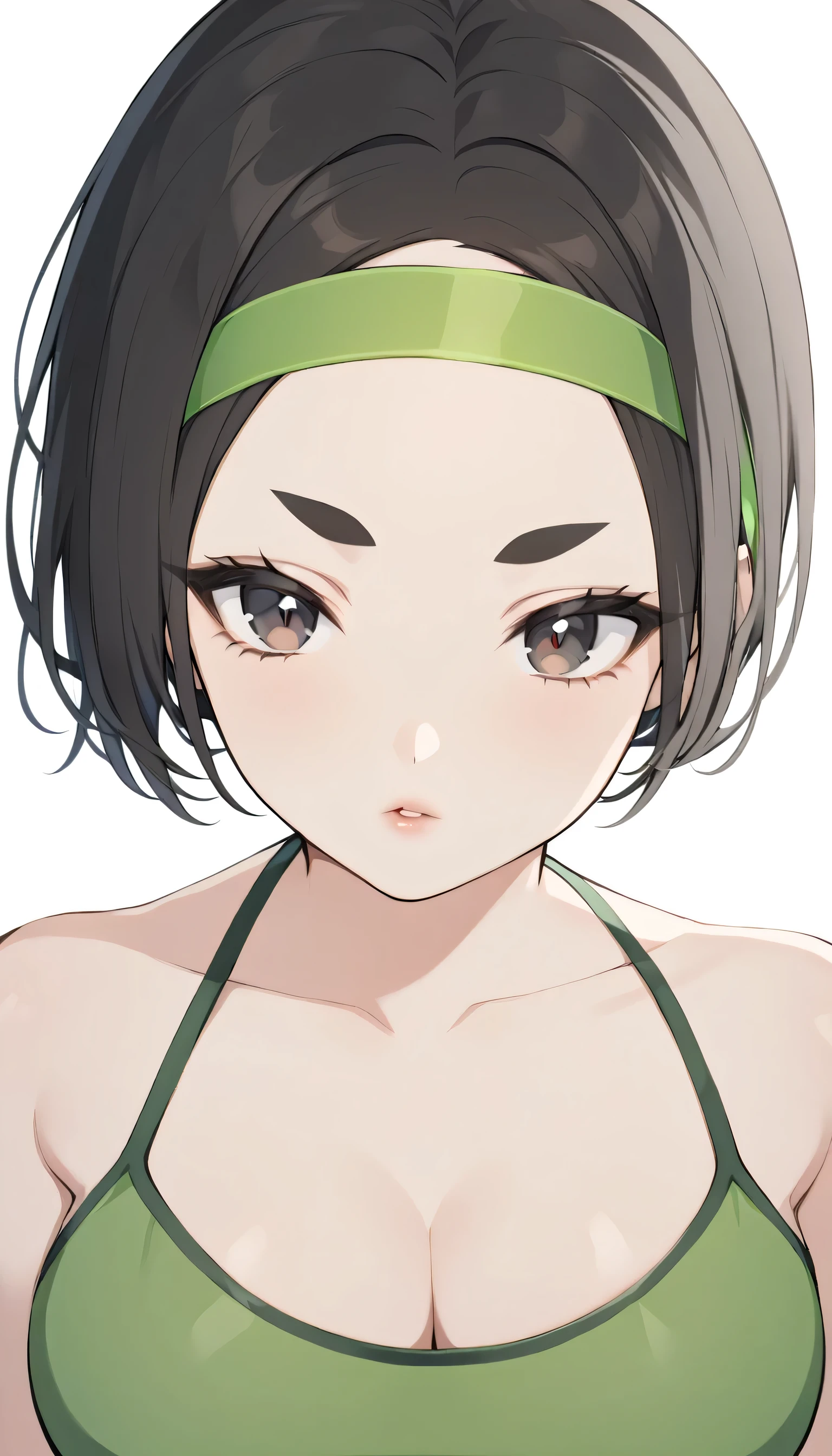 perfect face, black hair, short hair, (green headband, forehead), black thin eyebrows, dark brown eyes, black eyelashes, nose, normal lips, collarbone, cleavage, (green tube top), medium breasts, looking at viewer