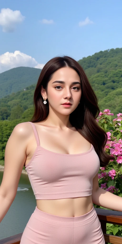 ((best quality)), ((masterpiece)), (detailed), perfect North indian 26 year hot women Extremely white pale skin tone like british female skin tone , and beautiful charming face , face-cut of nancy momoland , brown long wavy hairs ,She wore a white tank top , she has a beautiful charming Navel , wide shoulder , big breast , she is plus size, her shoulder width is 27 inches ,use this seed number to generate face 3509575729