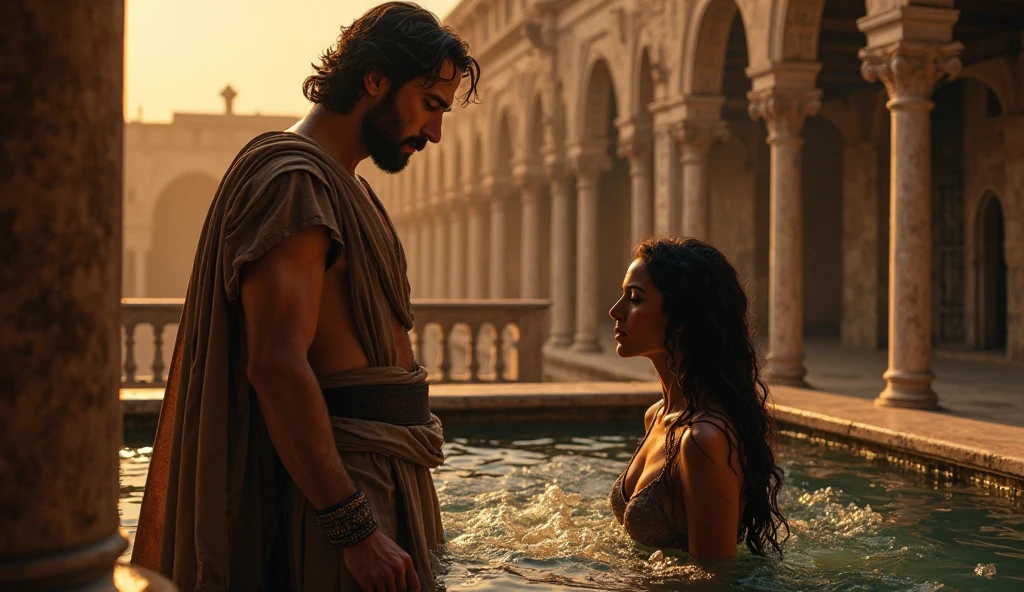 Poseidon Knife,a Greek man god with brown hair and beard with some white hair ,Cao Cao,stark,with muscles so thick and enormous that they are about to leave the body,virile and very masculine wearing ancient Greek costumes and leaving his chest and abdomen exposed,he kisses the goddess Gaia with great lust,a Greek woman goddess with orange blonde curly hair,beautiful face and body,wearing sensual blue and green Greco Roman costumes that would leave her body semi-nude,she would also use a blue cape that Poseidon would be subtly removing,the scene would take place in a forest with Greco Roman architecture ,the couple would be kissing and Posseidon would be squeezing Gaia&#39;s buttocks  