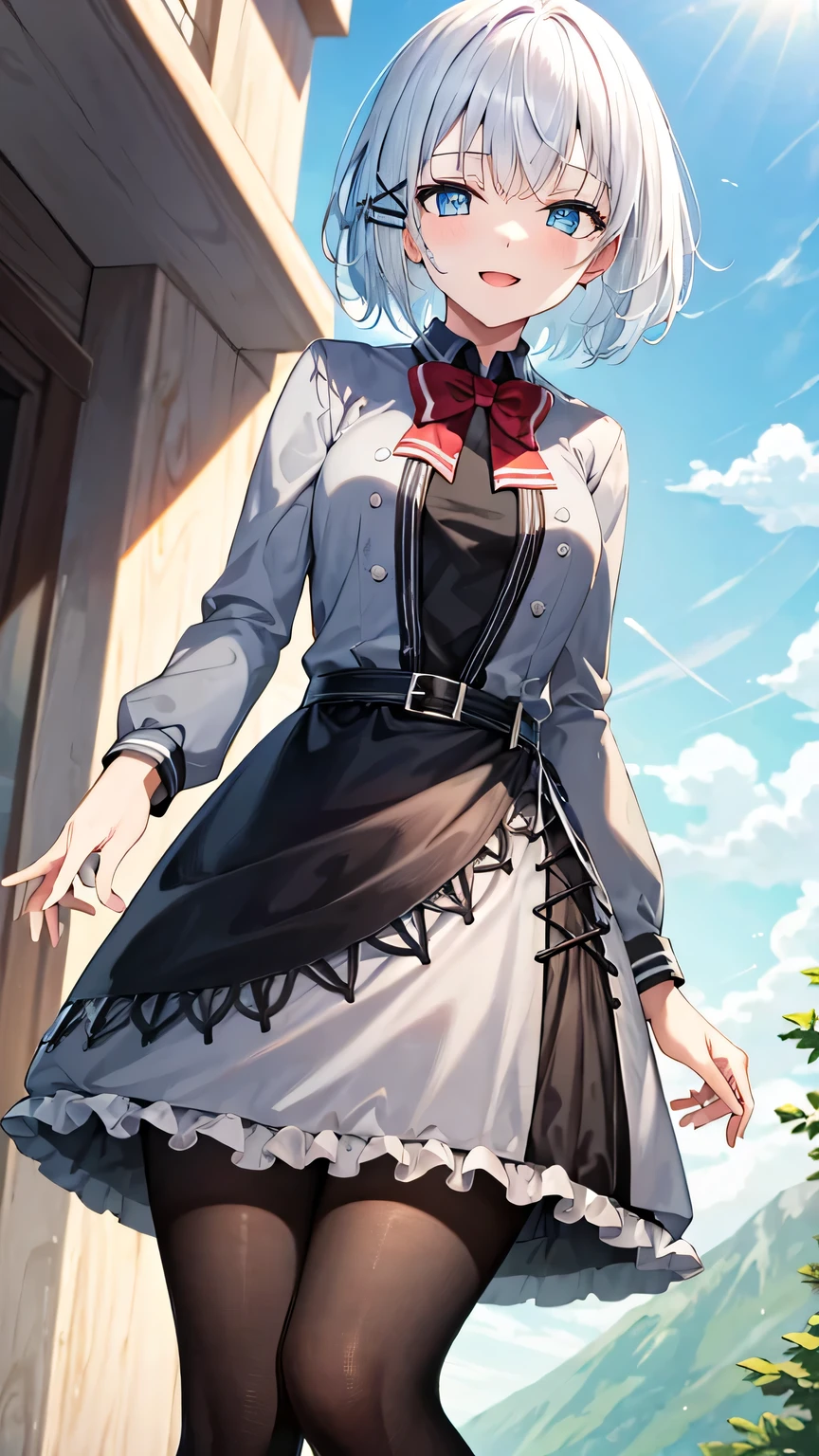 {{{masterpiece}}}, (best quality:1.5), (ultra-detailed:1.5), {illustration}, {{an extremely delicate and beautiful}}, (beautiful detailed eyes:1.6), absurdres, highres, extremely detailed face, 16k, hd, visual anime de uma jovem mulher, extremamente bonito rosto de anime, anime melhor garota, (perfect hands, perfect anatomy), anime face, Siesta (The Detective Is Already Dead), 1girl, solo, cute face, white hair, short hair, bangs, x hair ornament, sidelocks, blue eyes, (High resolution eyes, Beautiful eyes, Light in the eyes), medium breasts, big hips, curvaceous, BREAK, grey jacket, grey dress, long sleeve, grey sleeve, black shirt, red bowtie, black belt, black apron, grey skirt, (mini skirt:1.3), black pantyhose, thighs, zettai ryouiki, BREAK, private clothes, winter clothes, mini skirt, BREAK, smiling, looking at viewer, open mouth, flushed cheeks, flash effect, outdoor, mountain, daytime, forest, flower garden, field, sunshine, peer in from below