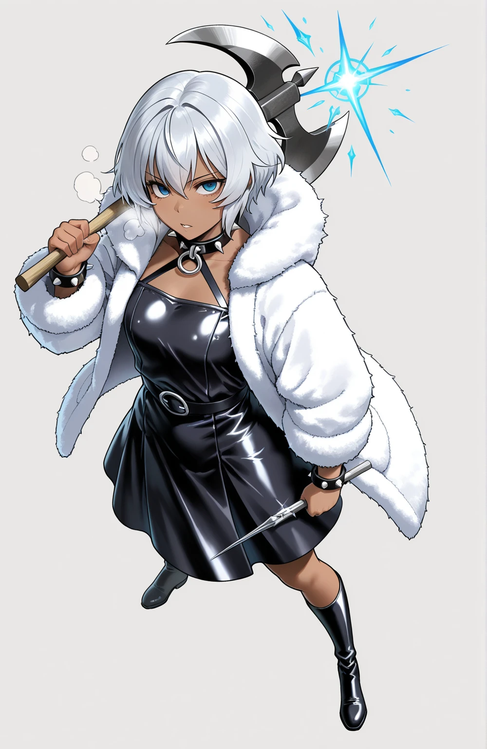 1girl, solo,
realistic, beautiful __MtBody__ russian __girl__, tanned skin, wearing (collar), (white hair), small breasts, smirking, gray eyes, short hair. (leather fur outfit)
__BOaction__, __angle__