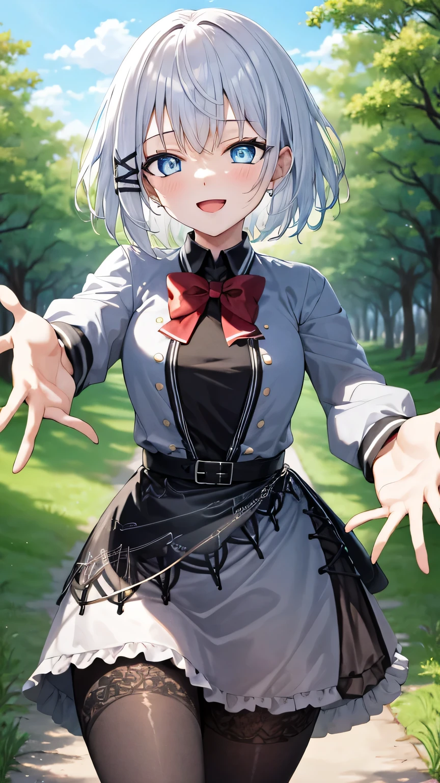{{{masterpiece}}}, (best quality:1.5), (ultra-detailed:1.5), {illustration}, {{an extremely delicate and beautiful}}, (beautiful detailed eyes:1.6), absurdres, highres, extremely detailed face, 16k, hd, visual anime de uma jovem mulher, extremamente bonito rosto de anime, anime melhor garota, (perfect hands, perfect anatomy), anime face, Siesta (The Detective Is Already Dead), 1girl, solo, cute face, white hair, short hair, bangs, x hair ornament, sidelocks, blue eyes, (High resolution eyes, Beautiful eyes, Light in the eyes), medium breasts, big hips, curvaceous, BREAK, grey jacket, grey dress, long sleeve, grey sleeve, black shirt, red bowtie, black belt, black apron, grey skirt, (mini skirt:1.3), flared skirt, black pantyhose, thighs, zettai ryouiki, BREAK, INCOMING HUG, INCOMING KISS, legs apart, reaching towards viewer, palm, blush, sorriso alegre, open mouth, visual anime de uma jovem mulher, extremamente bonito rosto de anime, anime melhor garota, sorriso astuto, outdoor, sky, daytime, forest, field, medium close-up shot