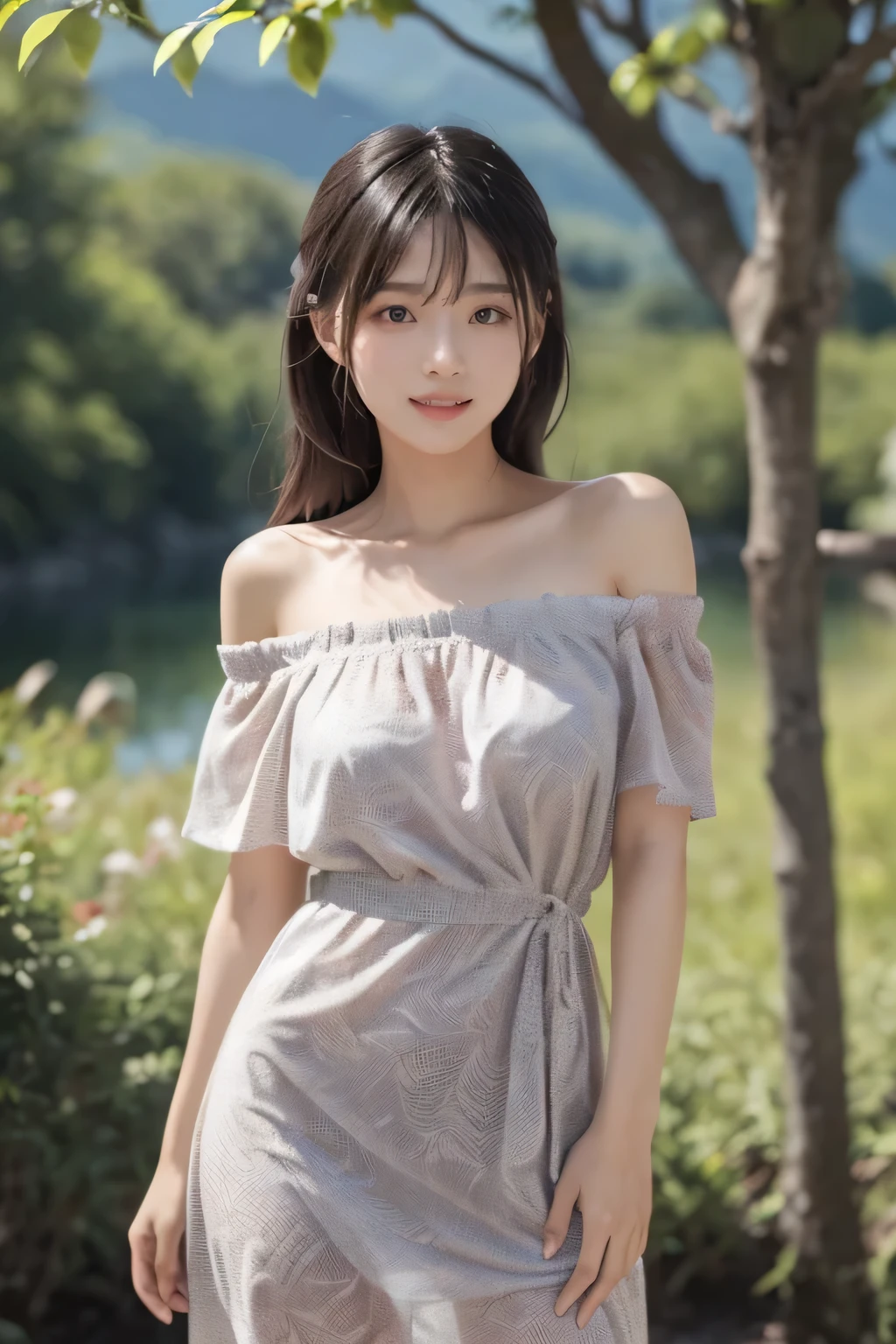 ((masterpiece:1.4)、(highest quality:1.4)、(realistic:1.7))、master piece:1.4、(Finest rendering:1.4), Ray Tracing, 64k, (shining Purple dress, long fluttering hair, radiant skin) is dancing gracefully in a field of Acacia trees, The scene is captured in an exquisite oil painting style with vibrant colors and meticulous brushstrokes. The sunlight gently filters through the delicate petals, casting a warm and dreamy atmosphere. The woman's eyes sparkle with joy and passion while her lips are adorned with a captivating smile. The intricate details of her dress shimmer with Purple hues, reflecting light and creating a sense of enchantment. The composition is framed by the graceful branches of the Acacia trees, adding depth and a touch of nature to the artwork. The overall image quality is of the highest standard, with ultra-detailed features and photorealistic rendering. The rich palette of colors, including shades of pink, Pink, and green, evokes a sense of beauty and serenity. The lighting in the painting is soft and natural, emphasizing the woman's elegant movements and enhancing the overall visual appeal, perfect body figure, (body figure: 36–24–36), Super round breast under dress, Sexy angles, Stylish looks, stylish Poses, full body close up shot, 