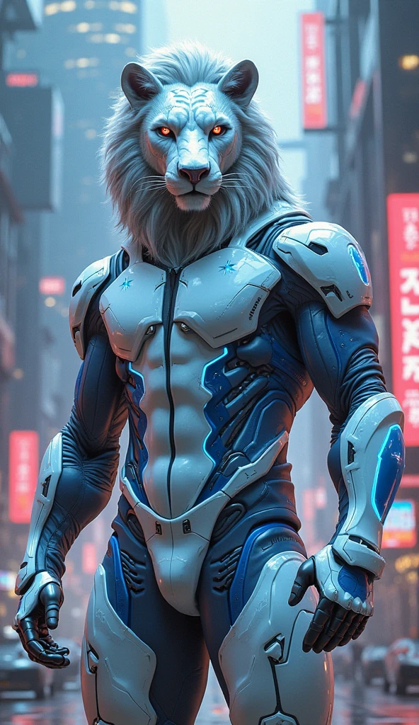 NESStyle award winning beautiful portrait commission of a male furry anthro albino mountain lion fursona with a tail and a cute beautiful attractive detailed furry face wearing stylish cyberpunk clothes in a cyberpunk city at night while it rains. Yellow and Purple. Character design by charlie bowater, ross tran, artgerm, and makoto shinkai, detailed, inked, western comic book art, <lora:NESStyle:1>, (Masterpiece:1.3) (best quality:1.2) (high quality:1.1)