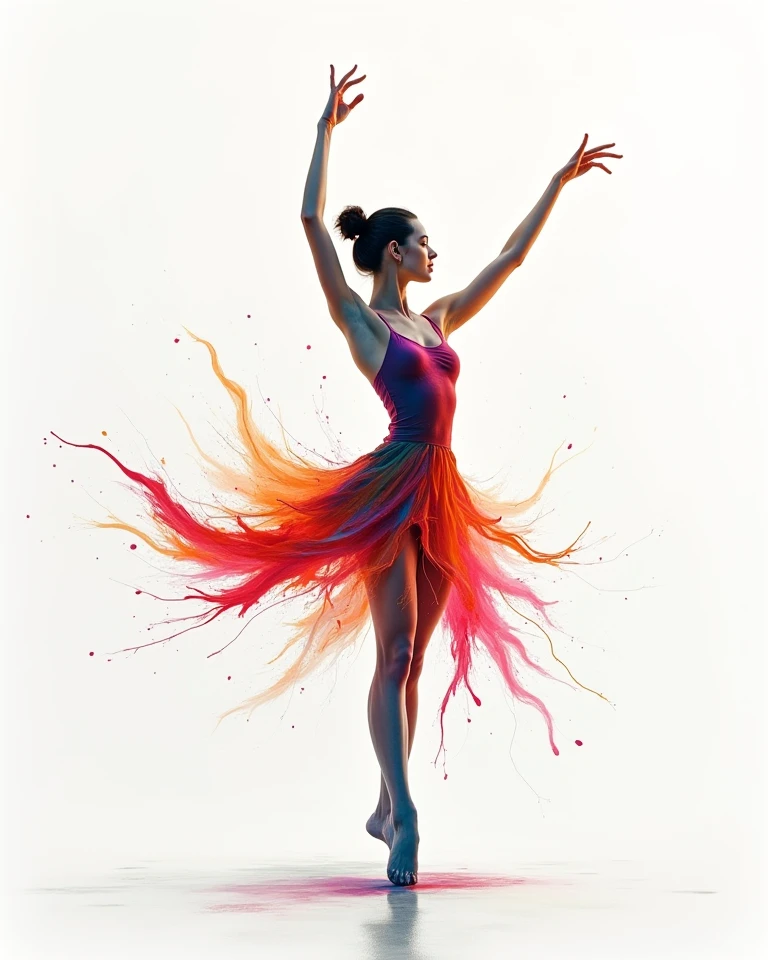 splash of paint, A distortion of reality, hyperrealistic, conceptual art, full body shot, intricately detailed, depth of color, dramatic, female body of a dancer, side light, colorful background objects that warp, melt, float, bend, twist and stretch, sharp image, 4k, 8k, dynamic, cinematic, detailed and intricate lighting