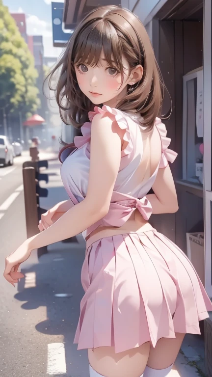 (8K, masterpiece, Best Quality, ultra-detailliert, Professional Lighting, Perfect Anatomy, anime colours), Dynamic Angle, 24 years old beautiful 1 female, Japanese, Large breasts, (completely :1.5), (Pink naked apron:1.5), Prime head, Bare arms, Bare legs, Curve, pale skin, gleaming skin, (Outstretched arms, Arms up), (Hang the laundry out to dry:1.4), (hanger), (wash laundry by hand:1.5), Brown hair, Long hair, side locks, (Single braid:1.3), Straight hair, (embarrassed:1.5), Blue eyes, tareme, (upward-eyed), (on my balcony:1.2), plein air, to stand, Looking to the side, Sunlight, Blue sky, (fence, 2nd order), Home background, (Hang the laundry out to dry:1.4), (hang lingerie)