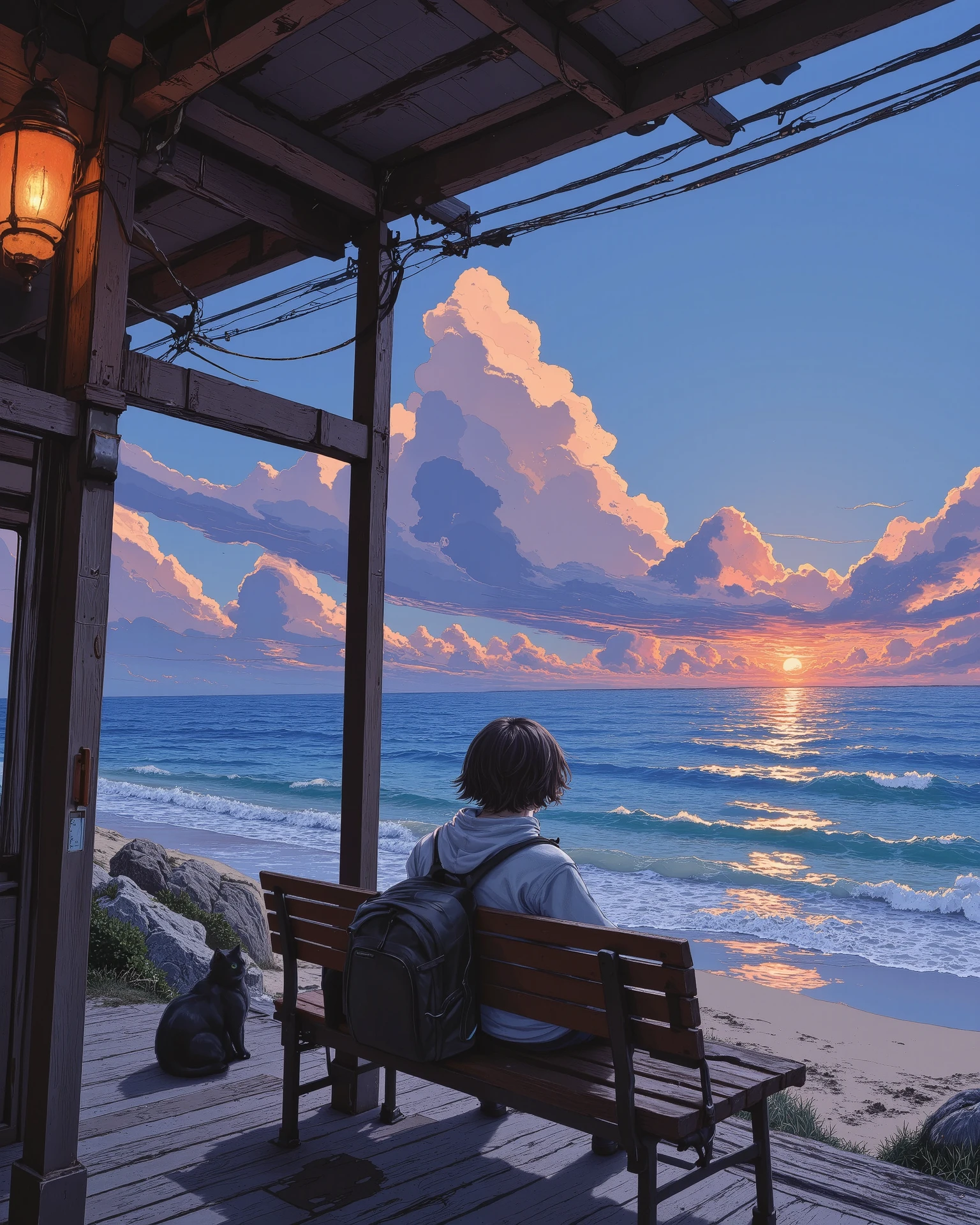 A melancholic anime-style scene of a lone traveler sitting on a wooden bench at an old seaside train station during sunset. The sky is a mesmerizing blend of deep blues, purples, and warm oranges, with scattered clouds reflecting the fading sunlight. The ocean stretches to the horizon, shimmering under the golden glow of the sun. A small black cat sits nearby, gazing at the waves. The station structure is aged, with rusted metal beams and a flickering warm-toned light hanging from the roof. Power lines crisscross above, adding to the nostalgic, cinematic feel. The traveler, wearing a hoodie and carrying a backpack, sits in solitude, lost in thought as the tranquil waves gently lap against the shore. The atmosphere is peaceful yet deeply introspective, evoking a sense of longing and quiet contemplation.
