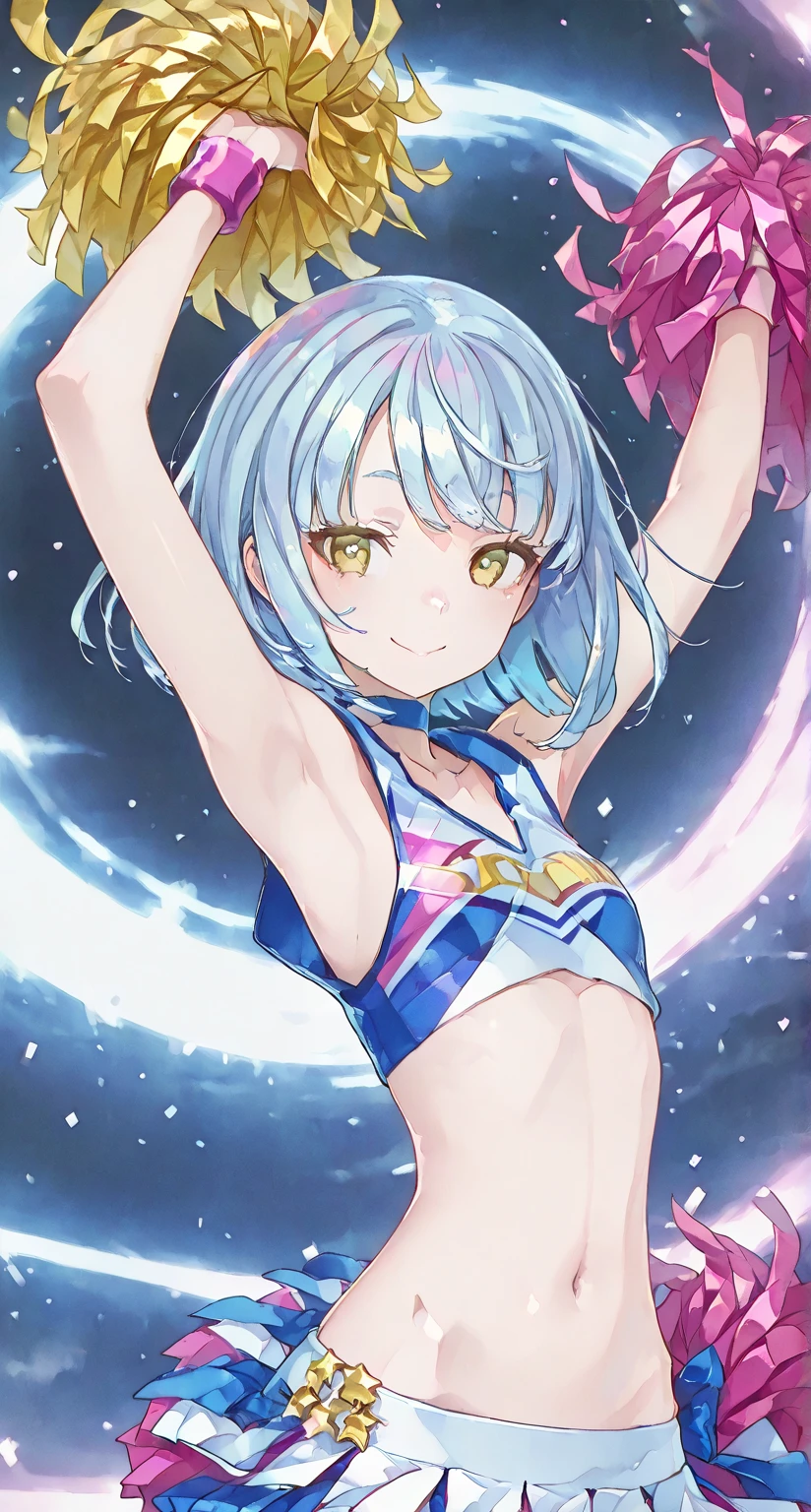 A vivid anime-style magical girl、She has rainbow-colored hair。Dressed in futuristic clothing、Shiny accents are added。Wields a star-shaped wand、There are floating holographic symbols and sparkles scattered all around、Highest quality、masterpiece、beautiful、detailed、Year: 12、Twin-tailed elementary school girl、beach、Pouring sunlight、Dynamic pose、Spraying water with a water gun、Angle from below、smile、Slim figure、(Wet and see-through clothing:1.2)、covered erectile nipples、camisole、Striped underwear、(cameltoe:0.8)