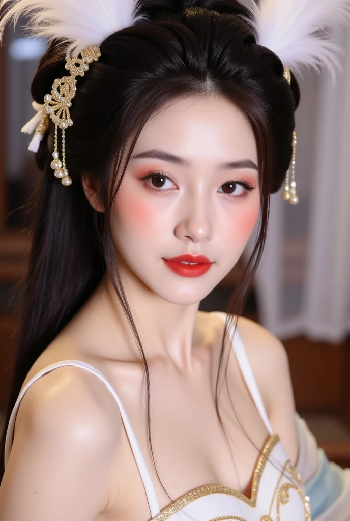 1girl,elegant fashionable chinese dress,china traditional costume,flower hair ornaments,(masterpiece:1.4),(best quality:1.4),glowing skin,red lips,looking at viewer,large breasts,kissable lips,gigantic ,nsfw,beautiful face,upper body