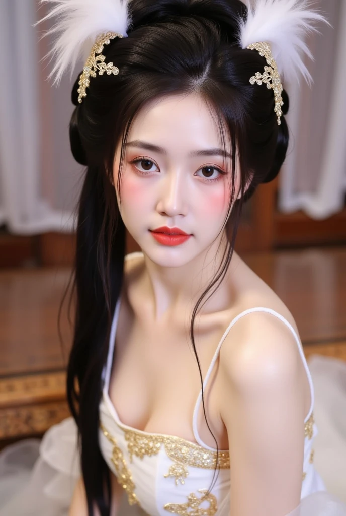 1 beautiful girl, long black hair, black eyes, Ancient Chinese style bun, wearing a thin silk shirt of ancient China, appears shoulders and head in the photo, plump red lips, pout, mouth shut, embarrassed, small face makeup detailed and very beautifull, breast augmentation, ((big blum boobs:1.2)), cover part of a girl's breasts with silk cloth, blush, from front, wear earrings, necklaces, from above, looking at viewer, upturned eyes, masterpiece, top quality, best quality, official art, unity 8k wallpaper, highres, ultra-high res, ultra-detailed, (photorealistic:1.2), alone, solo, Only 1 girl, style hanfu Dunhuang,